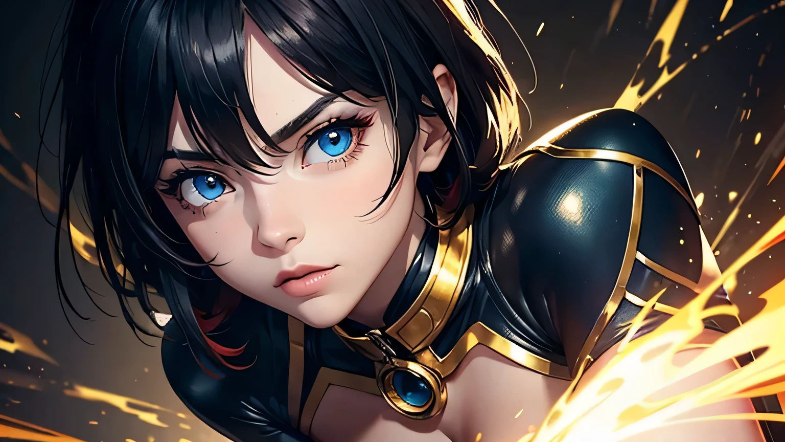 4K, A high resolution, Best quality at best, masterpiece, perfect colors, perfect shadow, perfect litthing, ((sportrait)), 1woman, fit body, heterochromia eyes,dark blue hair , blue eyes, With round lenses, The audience watched carefully, (s face: 1.2), Perfect female figure, ((dynamic pose)), ((gold and red Tight crop top gold and red leather suit)), ((shy and looking at viewert)), (Perfect thick white eyebrows) Delicate fur, 详细s face, s the perfect face, , (dynamic pose), cyberpunk abstract background, ((Bonifasko lighting)), (The round lenses on his eyes)(detailed eyes), Perfect student, ((face close up))