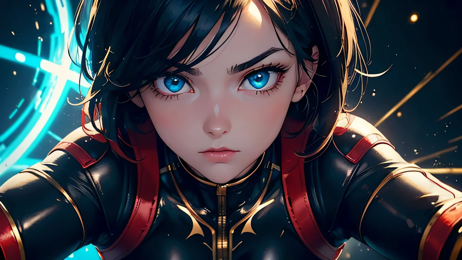 4K, A high resolution, Best quality at best, masterpiece, perfect colors, perfect shadow, perfect litthing, ((sportrait)), 1woman, fit body, heterochromia eyes,dark blue hair , blue eyes, With round lenses, The audience watched carefully, (s face: 1.2), Perfect female figure, ((dynamic pose)), ((gold and red Tight crop top gold and red leather suit)), ((shy and looking at viewert)), (Perfect thick white eyebrows) Delicate fur, 详细s face, s the perfect face, , (dynamic pose), cyberpunk abstract background, ((Bonifasko lighting)), (The round lenses on his eyes)(detailed eyes), Perfect student, ((face close up))