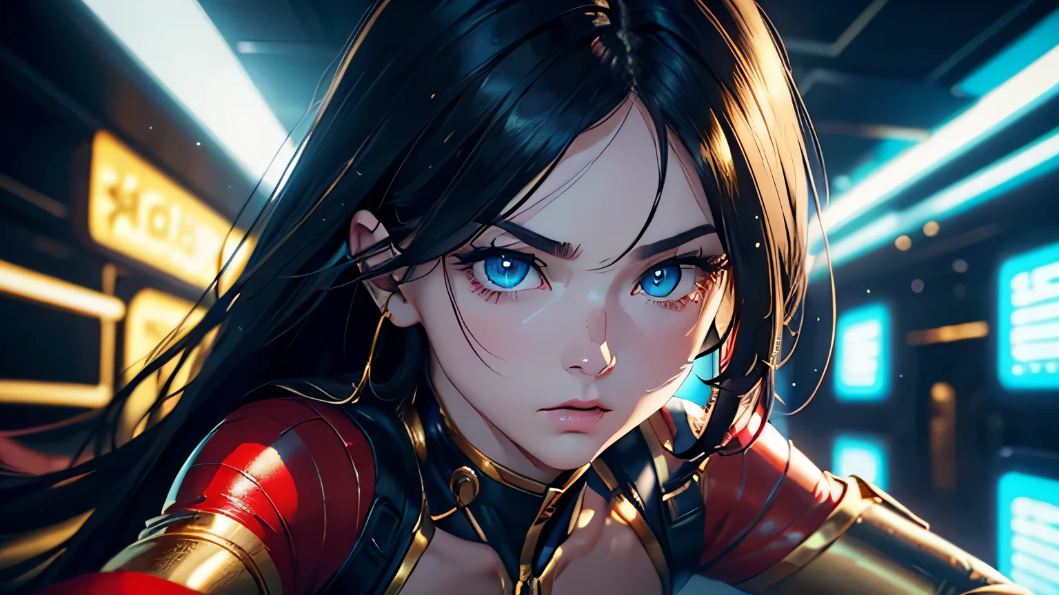 4K, A high resolution, Best quality at best, masterpiece, perfect colors, perfect shadow, perfect litthing, ((sportrait)), 1woman, fit body, heterochromia eyes,dark blue hair , blue eyes, With round lenses, The audience watched carefully, (s face: 1.2), Perfect female figure, ((dynamic pose)), ((gold and red Tight crop top gold and red leather suit)), ((shy and looking at viewert)), (Perfect thick white eyebrows) Delicate fur, 详细s face, s the perfect face, , (dynamic pose), cyberpunk abstract background, ((Bonifasko lighting)), (The round lenses on his eyes)(detailed eyes), Perfect student, ((face close up))