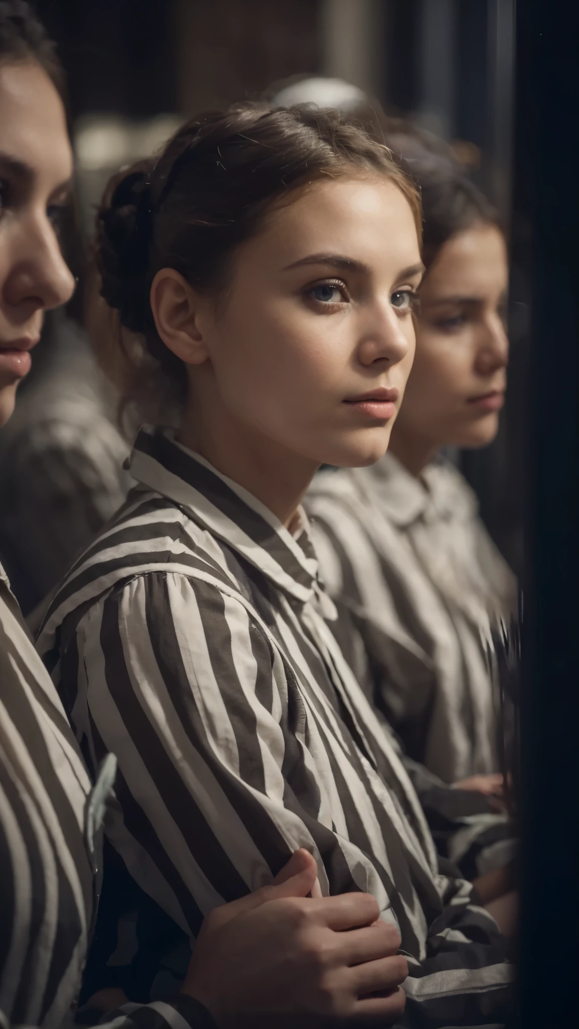 a group of women sitting next to each other, stood in a cell, with stunning green eyes, f/1.8 cinematic lens, schutztruppe, by Władysław Podkowiński, photoreal, passengers, production ig, solemn, nadezhda tikhomirova