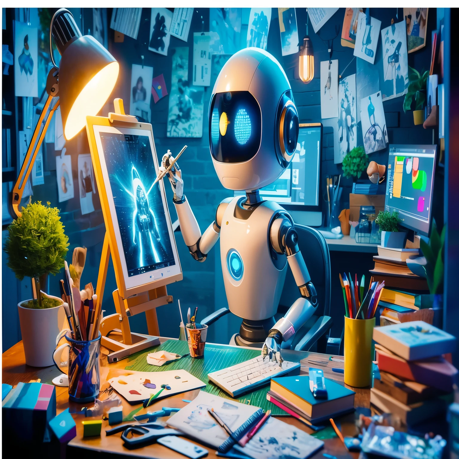 Android sitting at a table with a computer and a lamp, painting a robot on the canvas, digital painting assisted by a black girl, AI art, 3d 4k digital art, portrait of an AI, digital art rendering, a still life of a robot, 2d illustration, 3D advanced digital art illustration