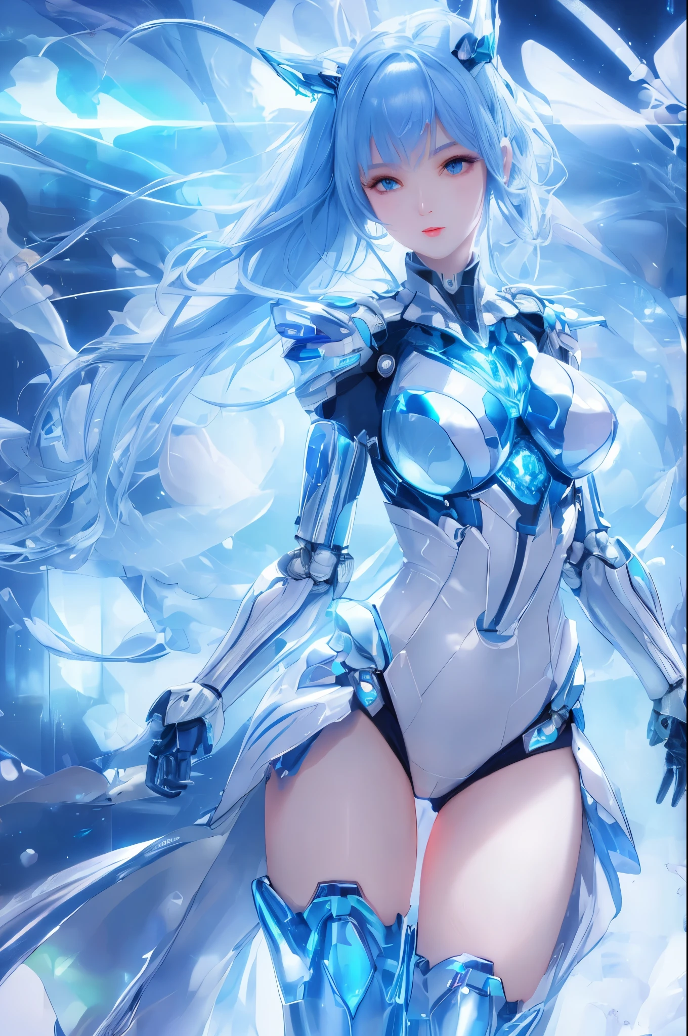 mechanical girl，Mechanical arm，full-body shot, fantastic colors, close up,  reflective transparent iridescent colors,soft lighting/ soft light, high detail, ultra high definition，blue、White