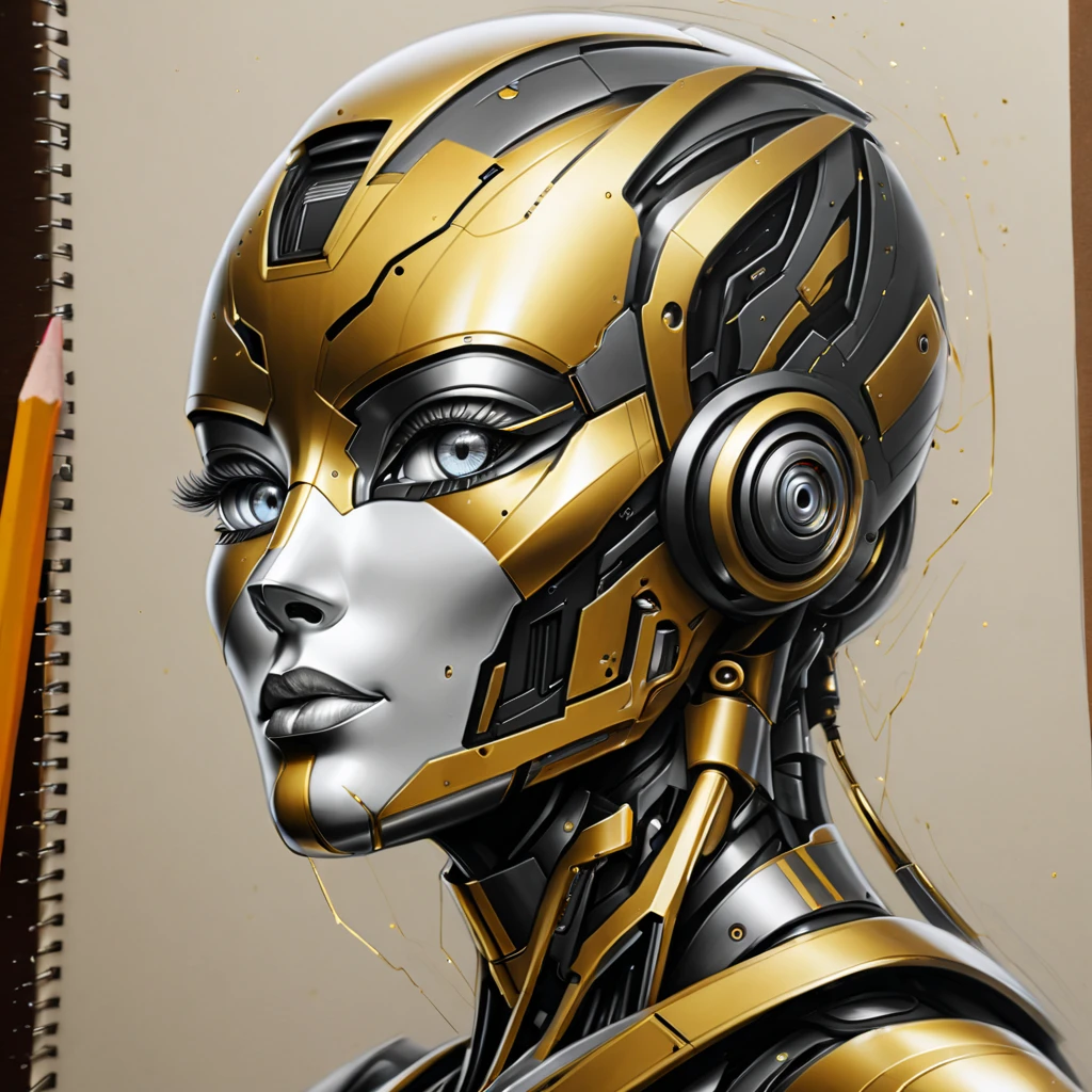 ，(character sketch:1.1)，(charcoal drawing:1.2)，Sketch，(pencil drawing:1.3)，Charcoal painting style，Black -white-gold ，character sketch, high resolution, 1womanl, Solo, (Detailed face), kda，bioluminic, Black and white and gold colors galactic cybernetic mask, (abstracted, Make a sketch of a robot with high technology:1.5), Part description, SH4G0D,