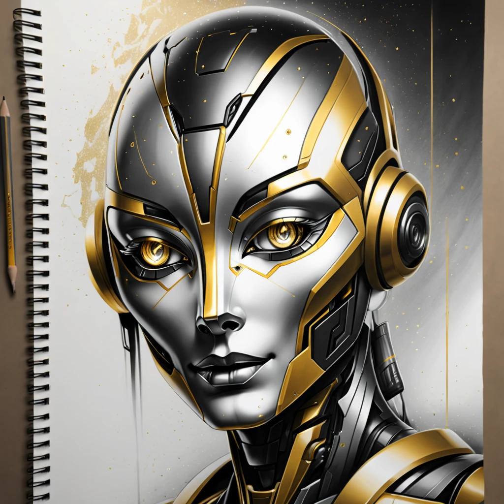 ，(character sketch:1.1)，(charcoal drawing:1.2)，Sketch，(pencil drawing:1.3)，Charcoal painting style，Black -white-gold ，character sketch, high resolution, 1womanl, Solo, (Detailed face), kda，bioluminic, Black and white and gold colors galactic cybernetic mask, (abstracted, Make a sketch of a robot with high technology:1.5), Part description, SH4G0D,