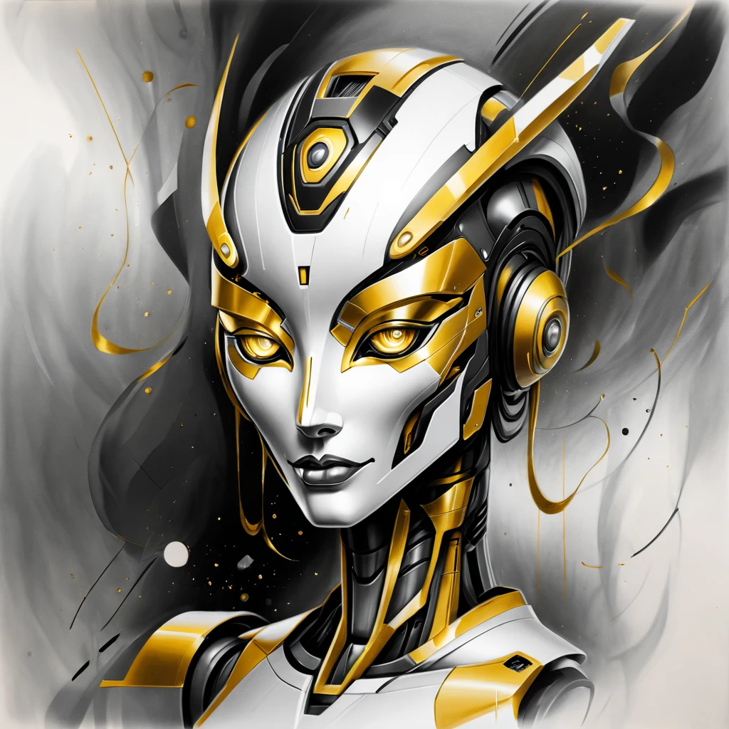,(character sketch:1.1),(charcoal drawing:1.2),Sketch,(pencil drawing:1.3),Charcoal painting style,Black -white-gold ,character sketch, high resolution, 1womanl, Solo, (Detailed face), kda,bioluminic, Black and white and gold colors galactic cybernetic mask, (abstracted, Make a sketch of a robot with high technology:1.5), Part description, SH4G0D,