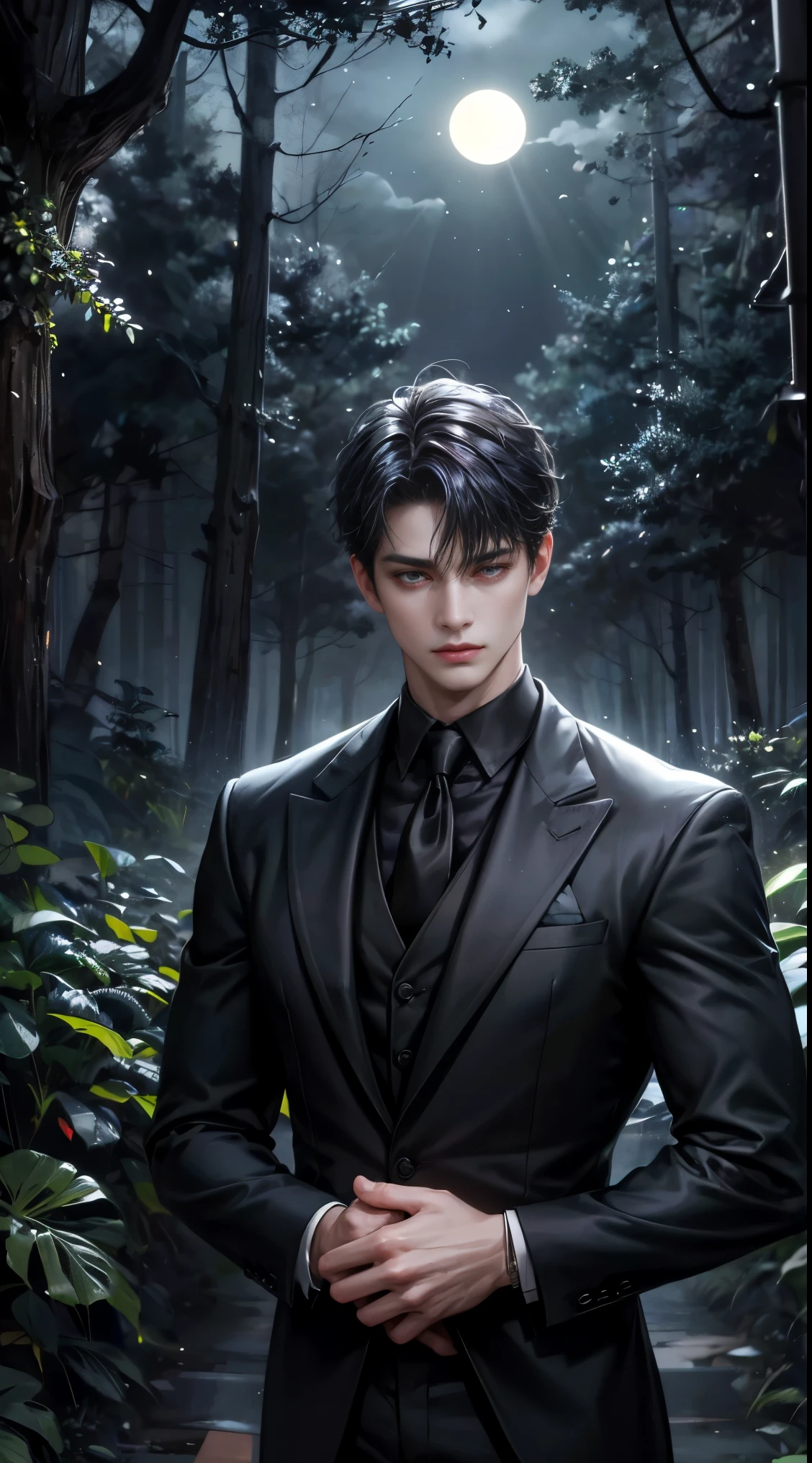 (best quality, masterpiece, highres:1.2), beautiful:1.5, black suit, black short hair:1.5, under the moonlight in a deep forest, no one around, looking at the viewer,symmetrical eyes, at night, holding a sword in his hand