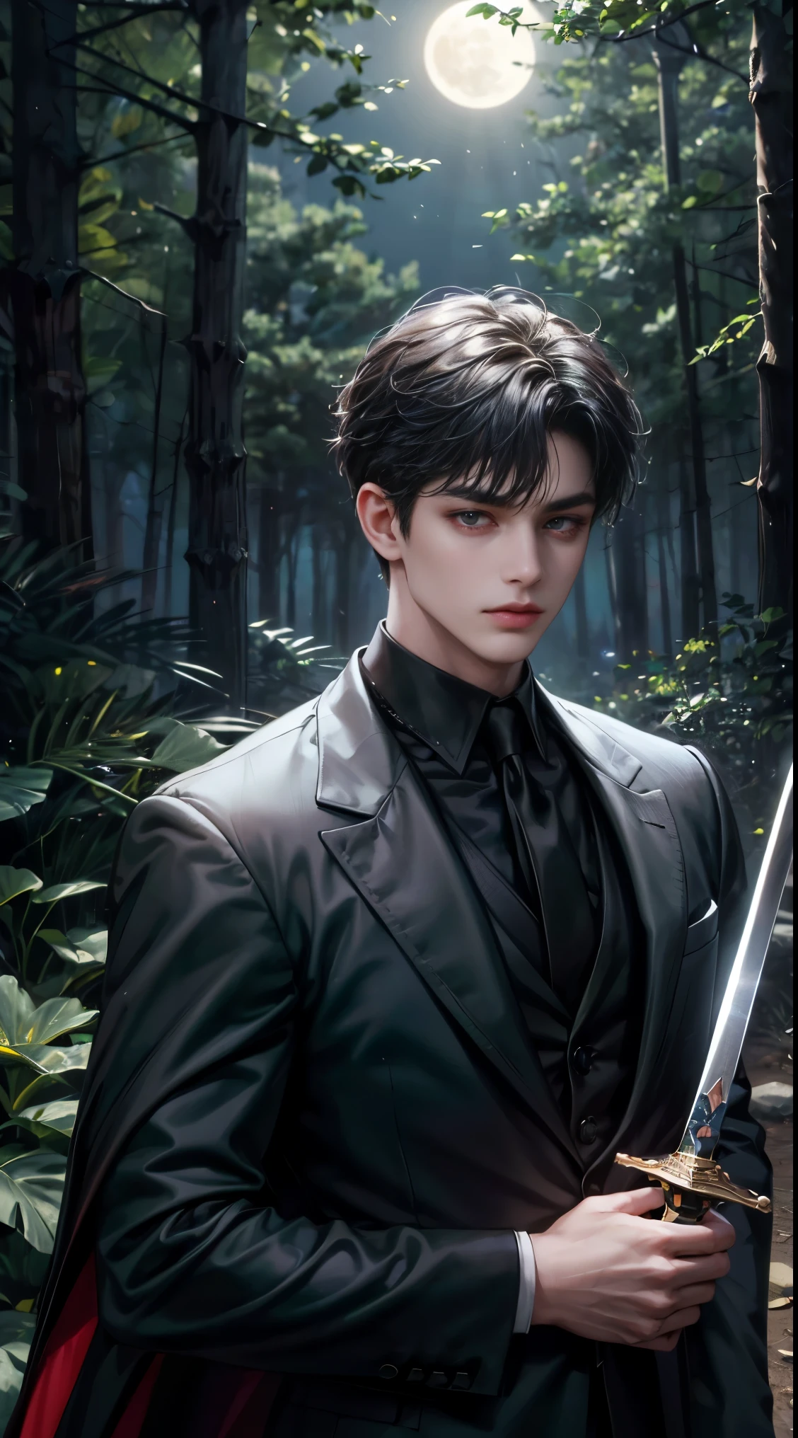 (best quality, masterpiece, highres:1.2), beautiful:1.5, black suit, black short hair:1.5, under the moonlight in a deep forest, no one around, looking at the viewer,symmetrical eyes, at night, holding a sword in his hand