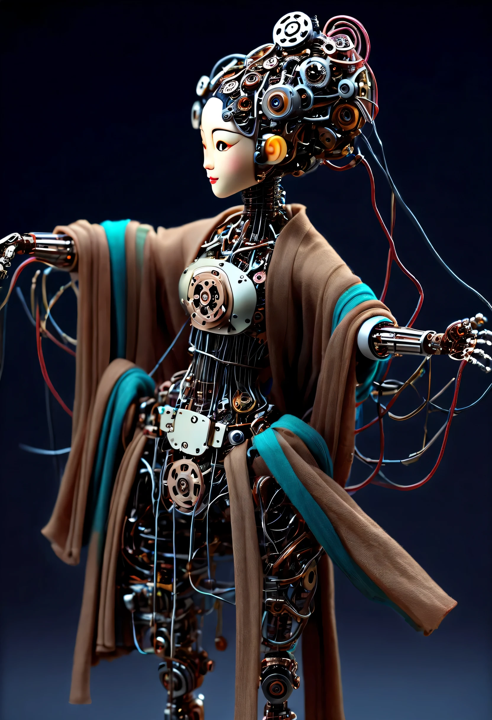 Mechanical doll design，（whole body），（Mechanical string puppet Hanfu doll playing electronic keyboard：0.98），Puppet shaped character，Controlled by a rope above or a thin wire tied to the controller.，The shape and structure of string puppets are relatively complex，Make the body from gears and wires，head、Stomach、Every part of the limbs and instrument is mechanically constructed，Make puppets vivid and interesting。cyberpunk style，Future steampunk，