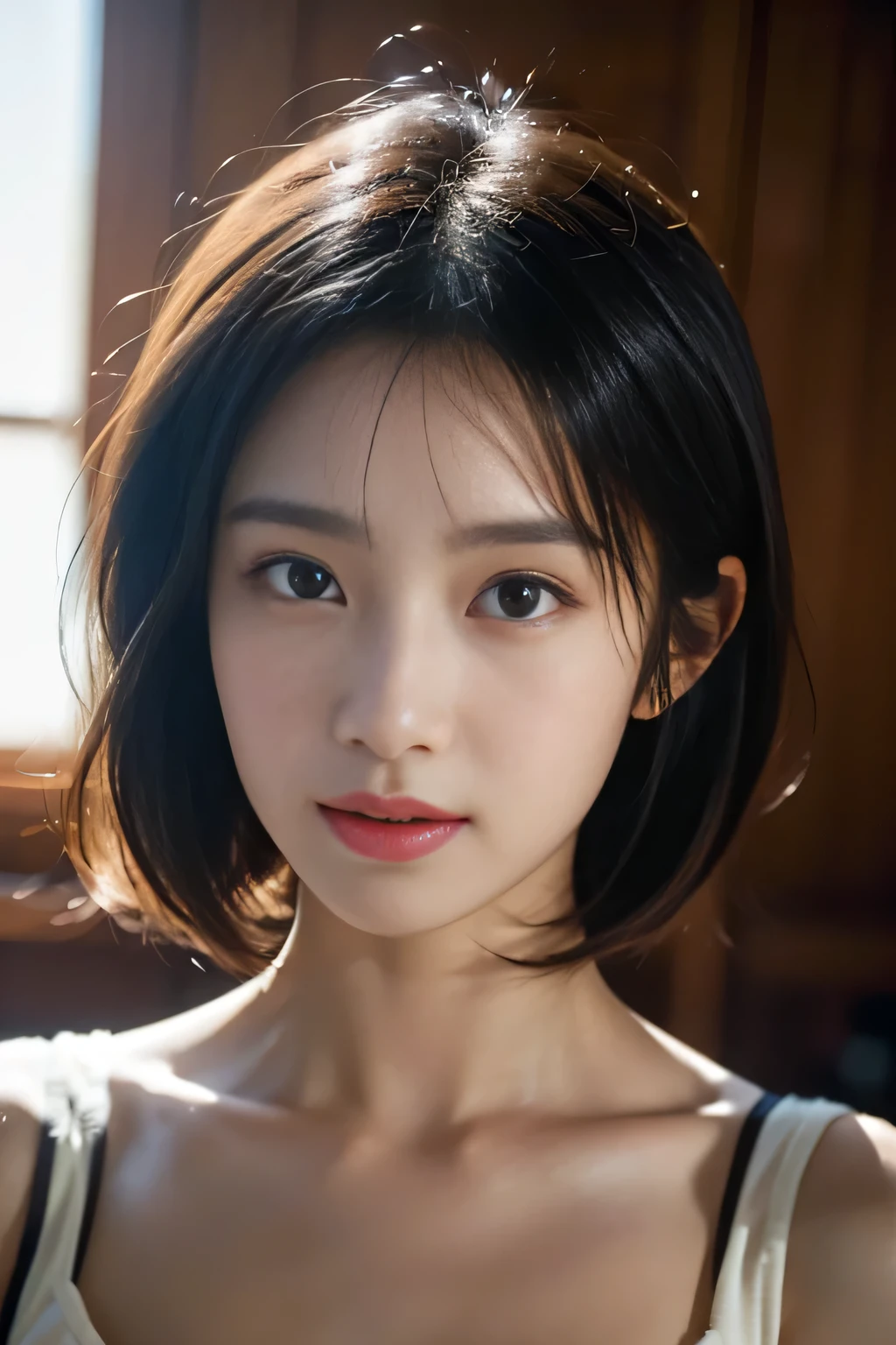 one japanese woman、 anatomically correct proportions, 8K, RAW shot, best high quality, masterpiece, real photo, (film camera photography:1.5)、18 year old Japanese beauty, (The best lighting using backlighting:1.2)、beautiful shiny hair、Fine and beautiful skin、detailed eyes、balanced nose、attractive lips、Shooting Bust Up、close up of face、blurred background、Stylish off-shoulder dress、black short bob hair