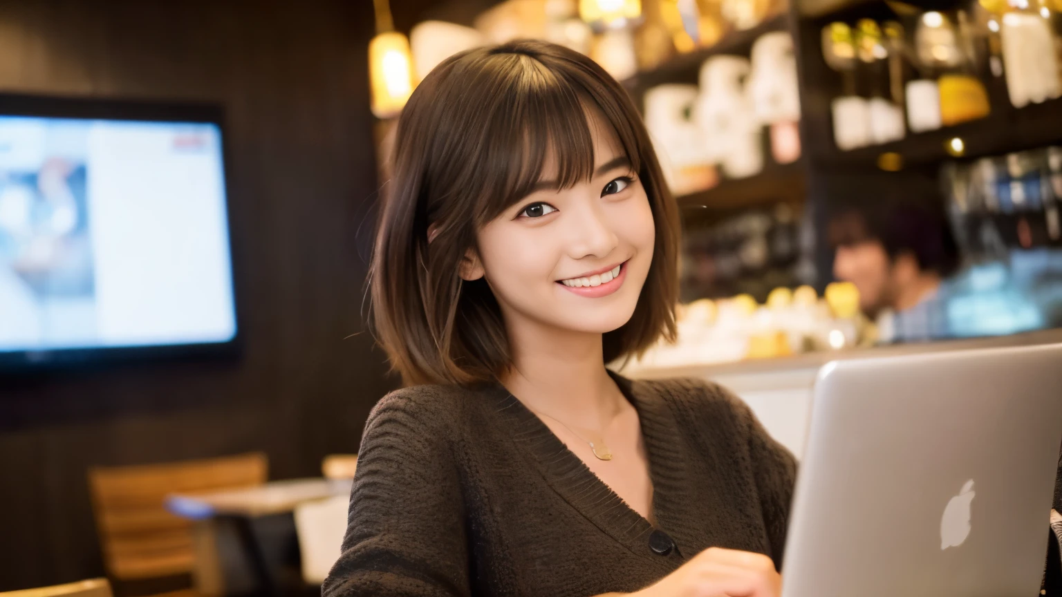 ((最high quality, 8k, masterpiece: 1.3)), perfect face,Inside a stylish cafe in New York、A scene in which a beautiful model-like woman with big breasts is drinking a latte and studying on a laptop.,everything around you, I can see other customers enjoying themselves too....。At the back of the cafe、Staff are busy working at the counter.、Feel the vibrancy and warmth of a city cafe.., sharp focus, 1 girl, sexy 1.2, brown hair, With bangs, (layered short hair), (big: 1.5), fine eyes, Beautiful eyes with long slits, double eyelid, (cat face), (cute Face), cute Smile, (close your mouth), (cute), soft skin, show the whole body, surreal, Super detailed, high quality, (Beautiful female college student with short hair studying in a cafe), ((詳細な非常にcute女子大生), ((big胸 It can be seen even through clothes)),Staring at your boyfriend