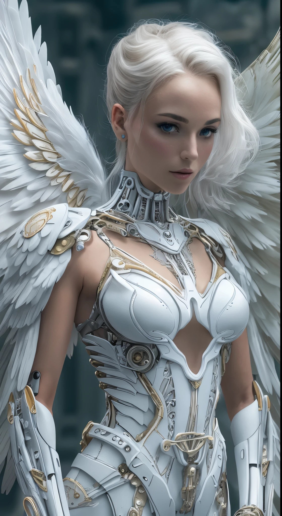 Close-up of a woman in a white dress with wings, full body angel, futuristic robot angel, amazing angel wings, angel knight gothic girl, angel in plastic armor, intricate costume designs, As a mysterious Valkyrie, The whole body is made of white feathers,, futuristic and fantastic, white wings, beautiful angel wings, steampunk angel, beautiful cyborg angel girl, graceful wings