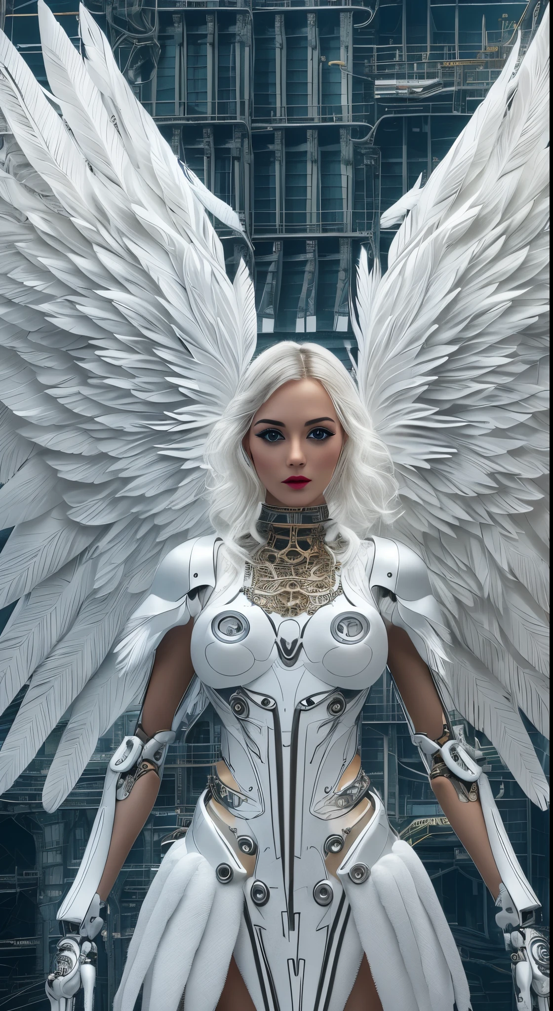 Close-up of a woman in a white dress with wings, full body angel, futuristic robot angel, amazing angel wings, angel knight gothic girl, angel in plastic armor, intricate costume designs, As a mysterious Valkyrie, The whole body is made of white feathers,, futuristic and fantastic, white wings, beautiful angel wings, steampunk angel, beautiful cyborg angel girl, graceful wings