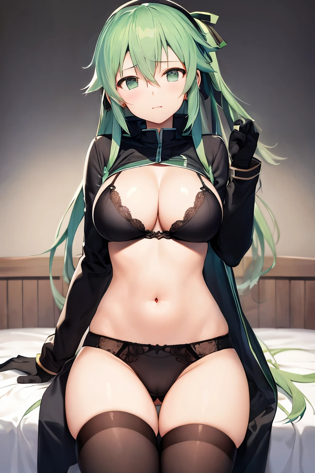 ((highest quality)), ((masterpiece)), (be familiar with), perfect face、girl、Sinon、SAO、valley、underwear、on the bed、big breasts、I'm showing you aside