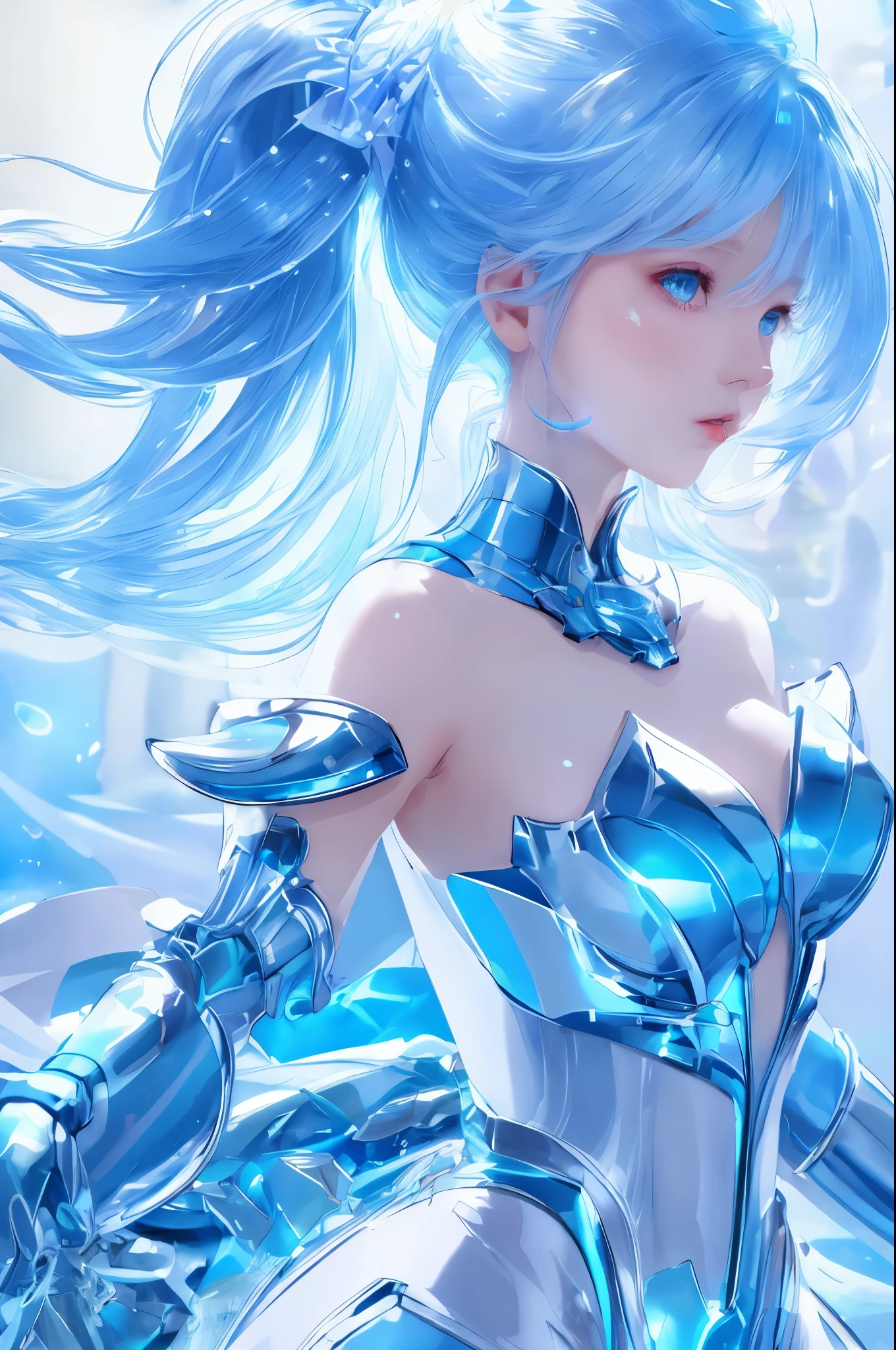 mechanical girl,Mechanical arm,full-body shot, fantastic colors, close up, reflective transparent iridescent colors,soft lighting/ soft light, high detail, ultra high definition,blue、White