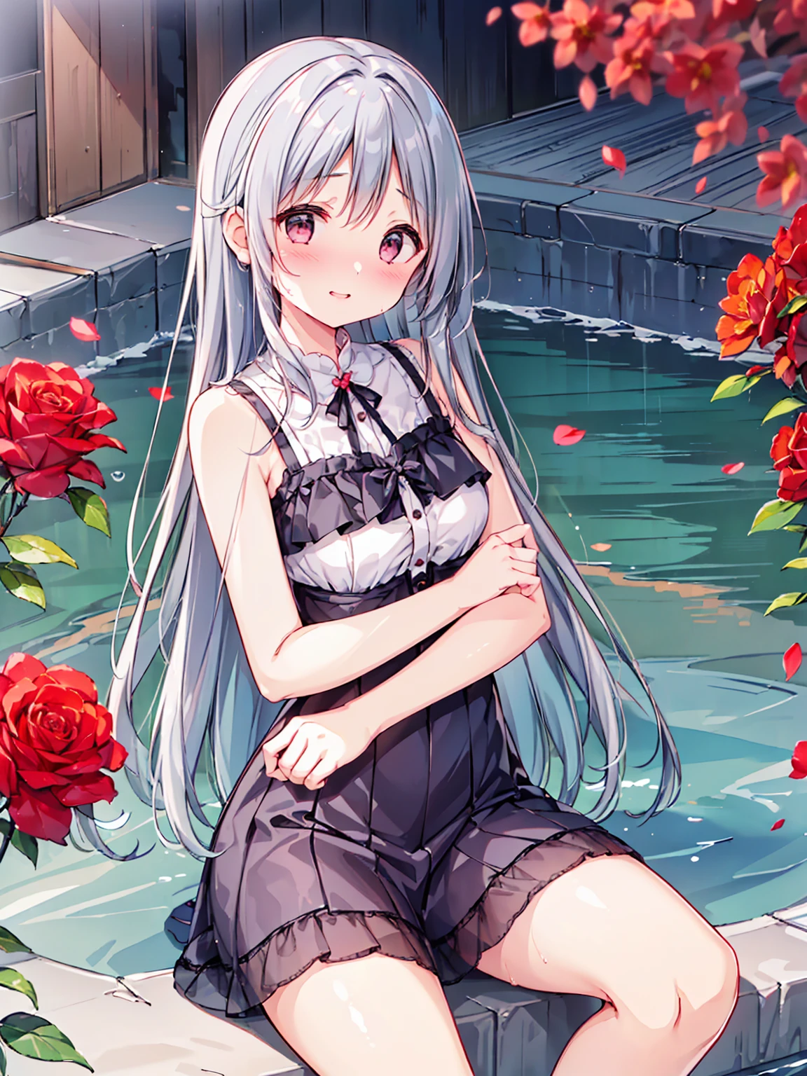 masterpiece, best quality, extremely detailed, (illustration, official art:1.1), 1 girl ,(((( light blue long hair)))), light blue hair, ,10 years old, long hair ((blush)) , small breasts,cute face, big eyes, masterpiece, best quality,(((((a very delicate and beautiful girl))))),Amazing,beautiful detailed eyes,blunt bangs((((little delicate girl)))),tareme(true beautiful:1.2),seductive smile, sense of depth,dynamic angle,,,,affectionate smile, ,(tiny 1girl model:1.2) ((masterpiece, best quality, extremely detailed, absurdres)), focused leg, wet, sweat, shiny skin, open stance,, restrained, , point light, sweatdrop,light smile, gasping , spread legs,show panties, feet, (embarrassed, nose blush,),,pointed chest,shy,(top-quality、​masterpiece)、(1girl in、solo、Black Dress、is standing、Look at viewers、There are roses、Keep your mouth shut、The upper part of the body)、(Red Dream Catcher in the Back、Red flowers、)、beautidful eyes、Beautiful lips、The upper part of the body