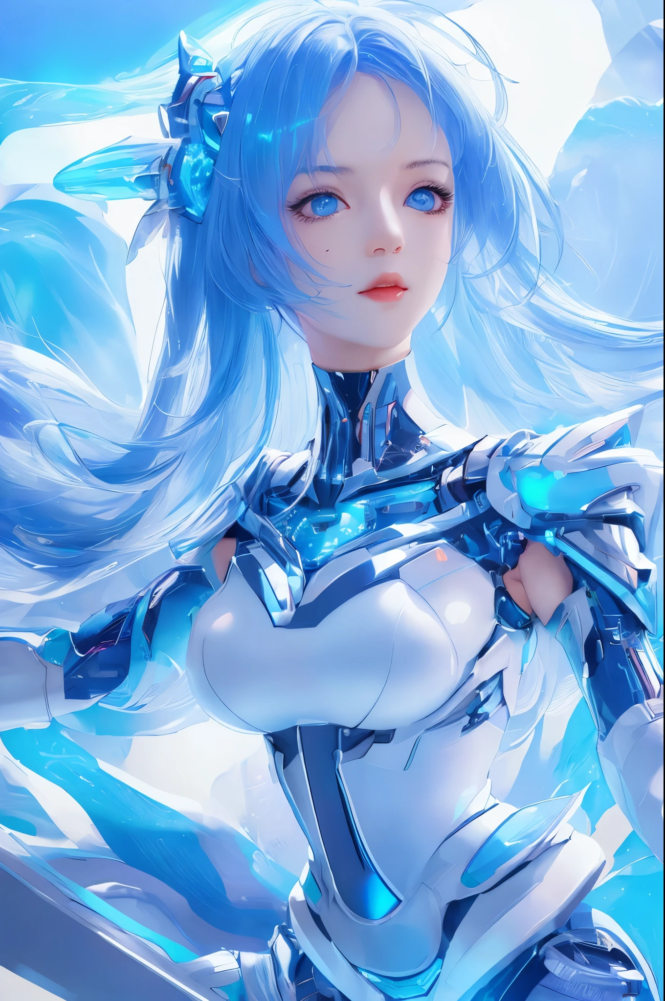 mechanical girl,Mechanical arm,full-body shot, fantastic colors, close up, reflective transparent iridescent colors,soft lighting/ soft light, high detail, ultra high definition,blue、White