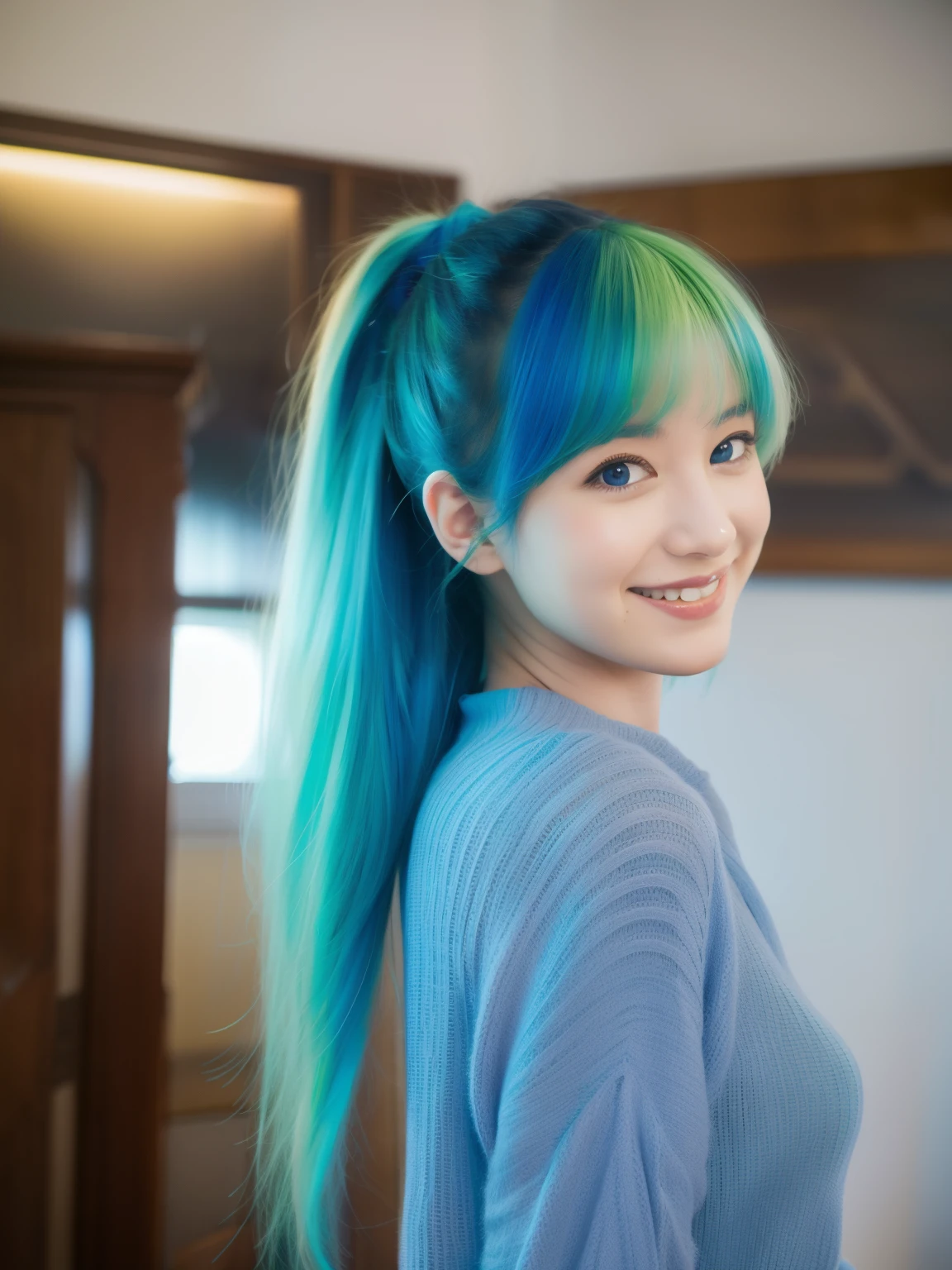 arafed woman with blue and light green hair, hair covering  eyes, smile, indoors, split-color hair, 