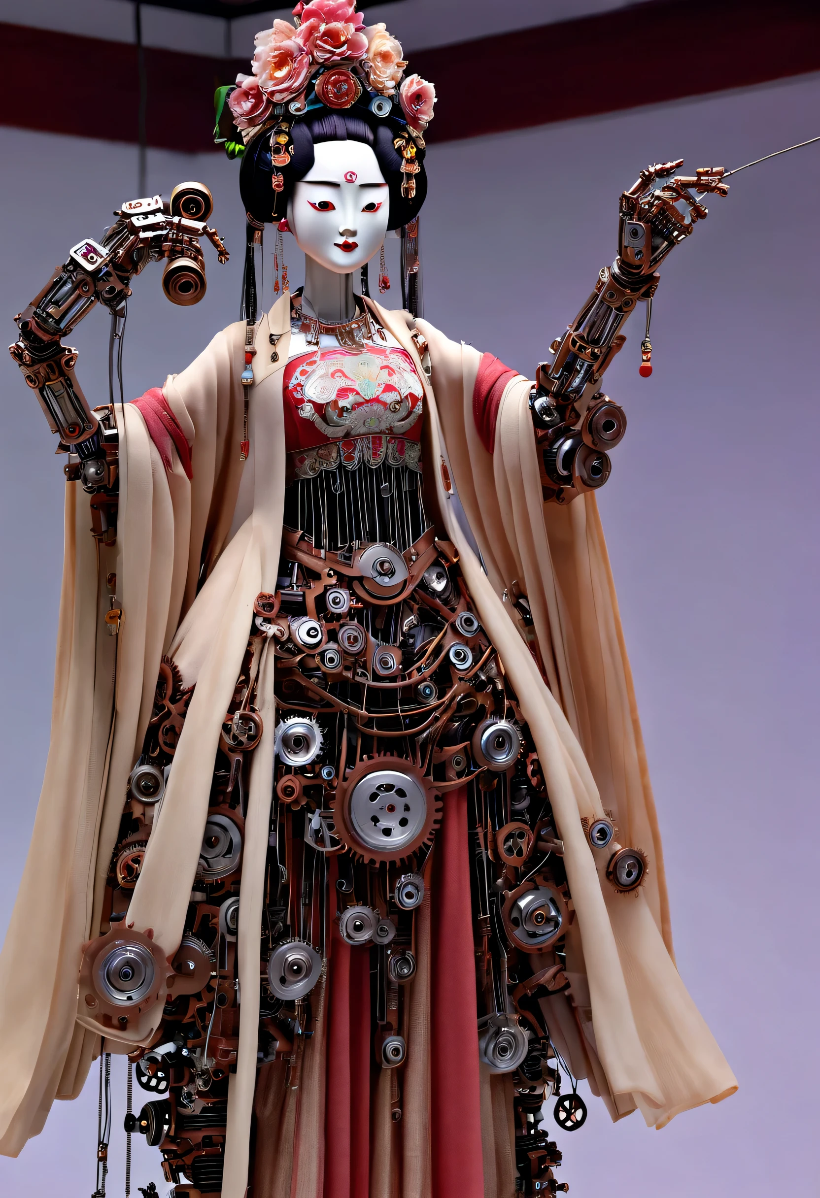 Mechanical doll design，（whole body），（Mechanically made Chinese Hanfu puppets sing Peking Opera：0.98），Puppet shaped character，Controlled by a rope above or a thin wire tied to the controller.，The shape and structure of string puppets are relatively complex，Make the body from gears and wires，head、Stomach、Every part of the limbs and instrument is mechanically constructed，Make puppets vivid and interesting。cyberpunk style，Future steampunk，beautiful clothes