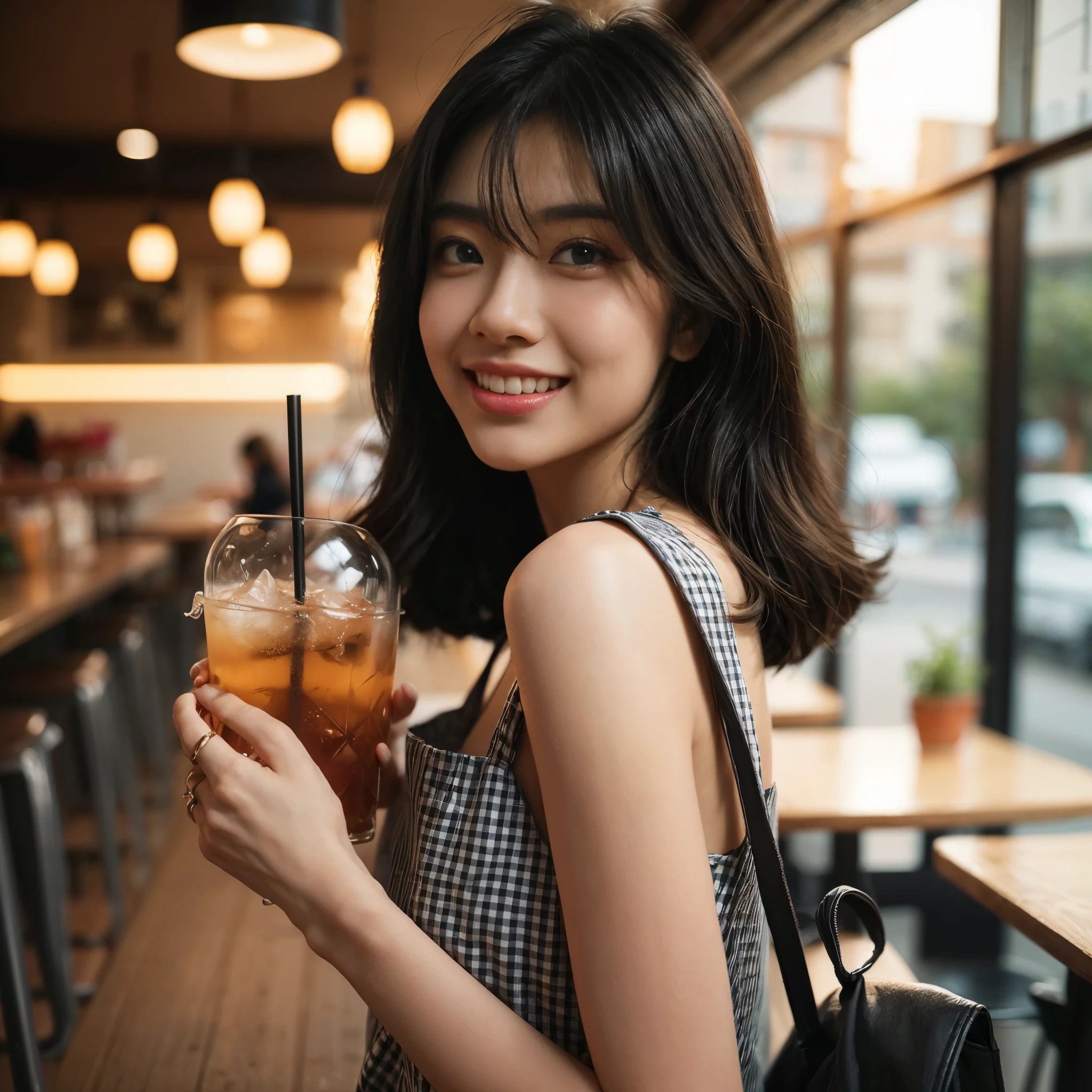Film photography of a 20 year old woman with an Indonesian face, long black shoulder length hair wearing a checkered pinafore dress (back view), standing with a smiling face looking at the camera while holding out a transparent plastic cup containing iced tea and a black straw with her right hand, the background shows interior of a cafe or restaurant and tables and chairs, (warm hue, warm tone) bokeh, professional color gradient, shot by Sony a6700, sigma 23mm (35mm FFeqf), mist filter 1/4