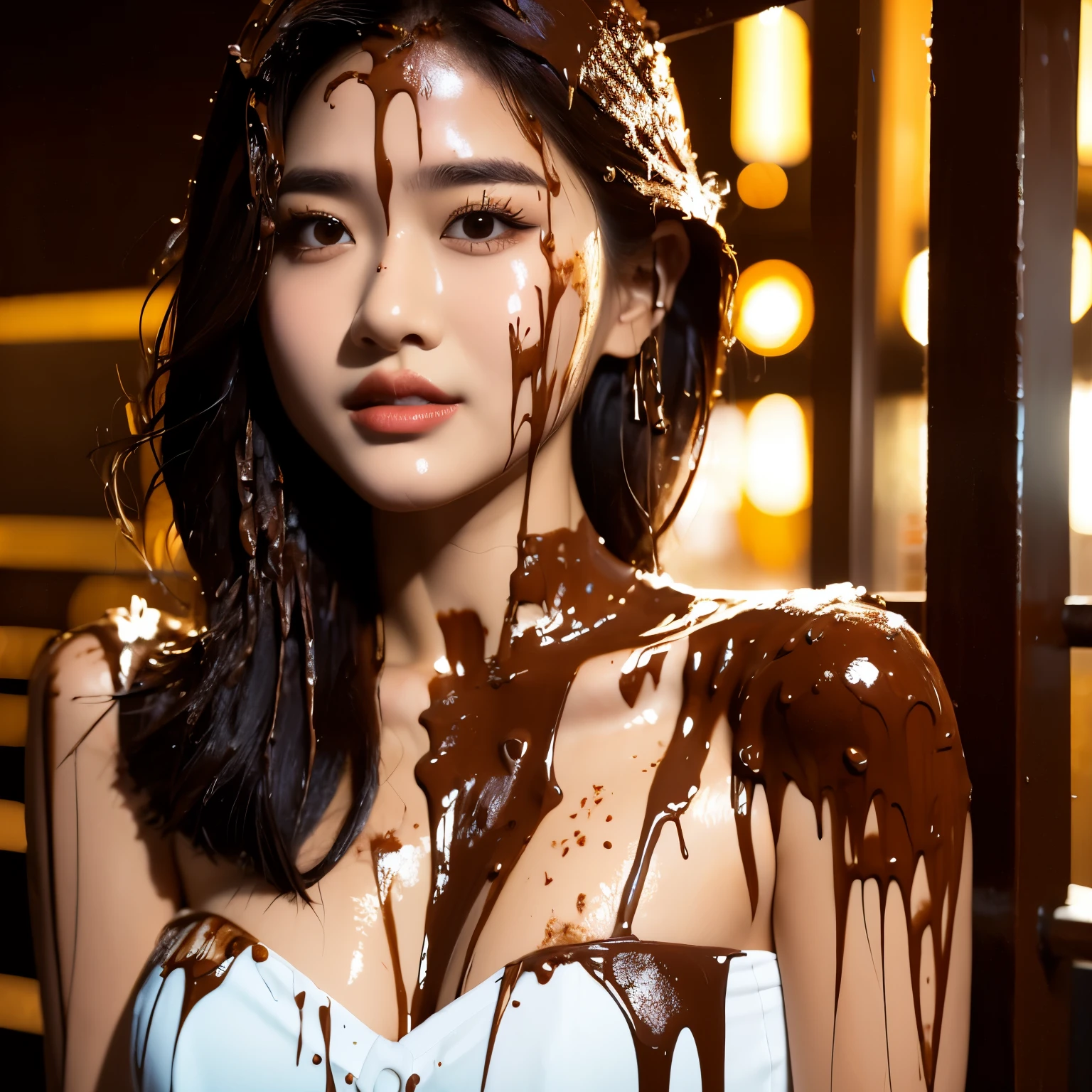 Asian teenager, portrait photo, beautiful details, detailed eyes, detailed face, intricate details, extreme realism, 8k, HD, mascara, winged eyeliner, lipstick, white dress, cleavage, chocolate, chocolate syrup on chest, chocolate syrup on hair, blood on face