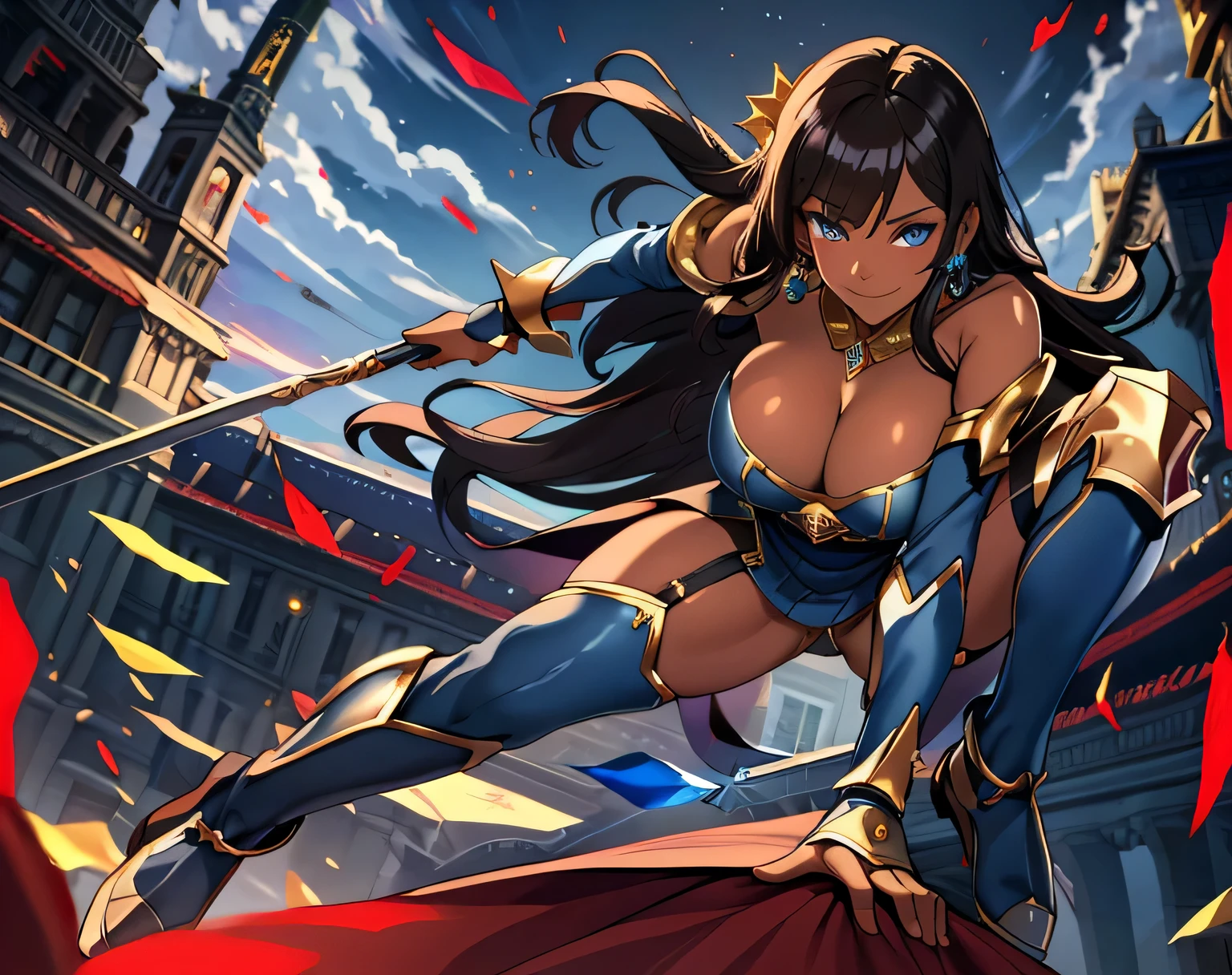 olga discordia, long black hair, colored skin, brown skin, hair stick, bangs, blue eyes, solo, smiling, standing, upper body, hips, bare shoulders,purple thighhighs, blue dress, gold jewelry,armor,gloves,circlet, , red and gold royal castle, gigantic breasts,quality, masterpiece, beautiful and aesthetic:1.2, highest detailed face, perfect face,) eyes, perfect face,expressive eyes,
looking at viewer, in the center of the image,(Upper_body),(Focus on her face),
official art,extremely detailed CG unity 8k wallpaper, perfect lighting,Colorful,
(masterpiece:1.0),(best_quality:1.0), ultra high res,4K,ultra-detailed