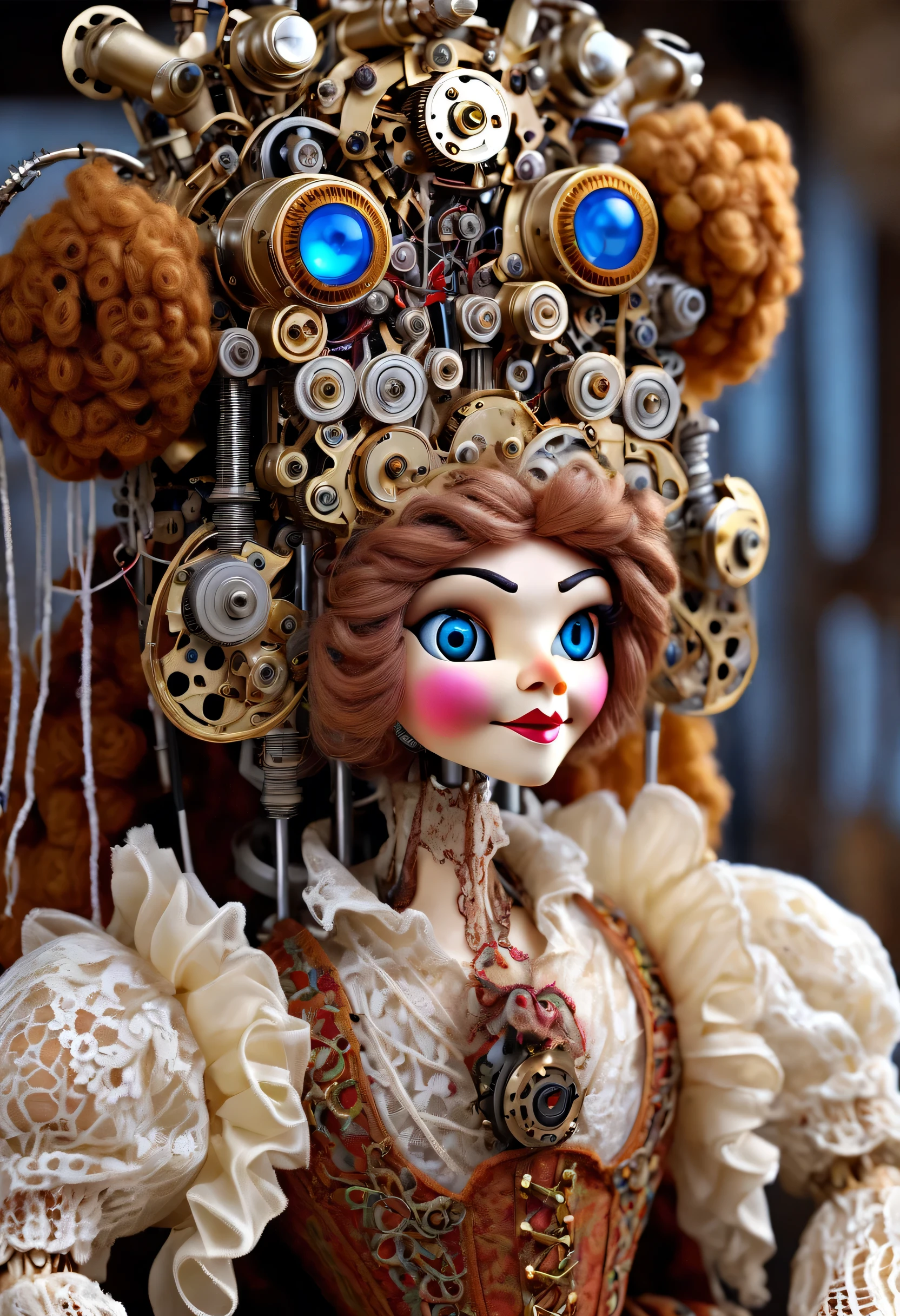 Mechanical人偶,puppet,super high quality,8k,beautiful details,gear,Mechanical,Exquisite electrical spare parts,yarn art,Muppets,Rococo costumes,lace,cartoon,