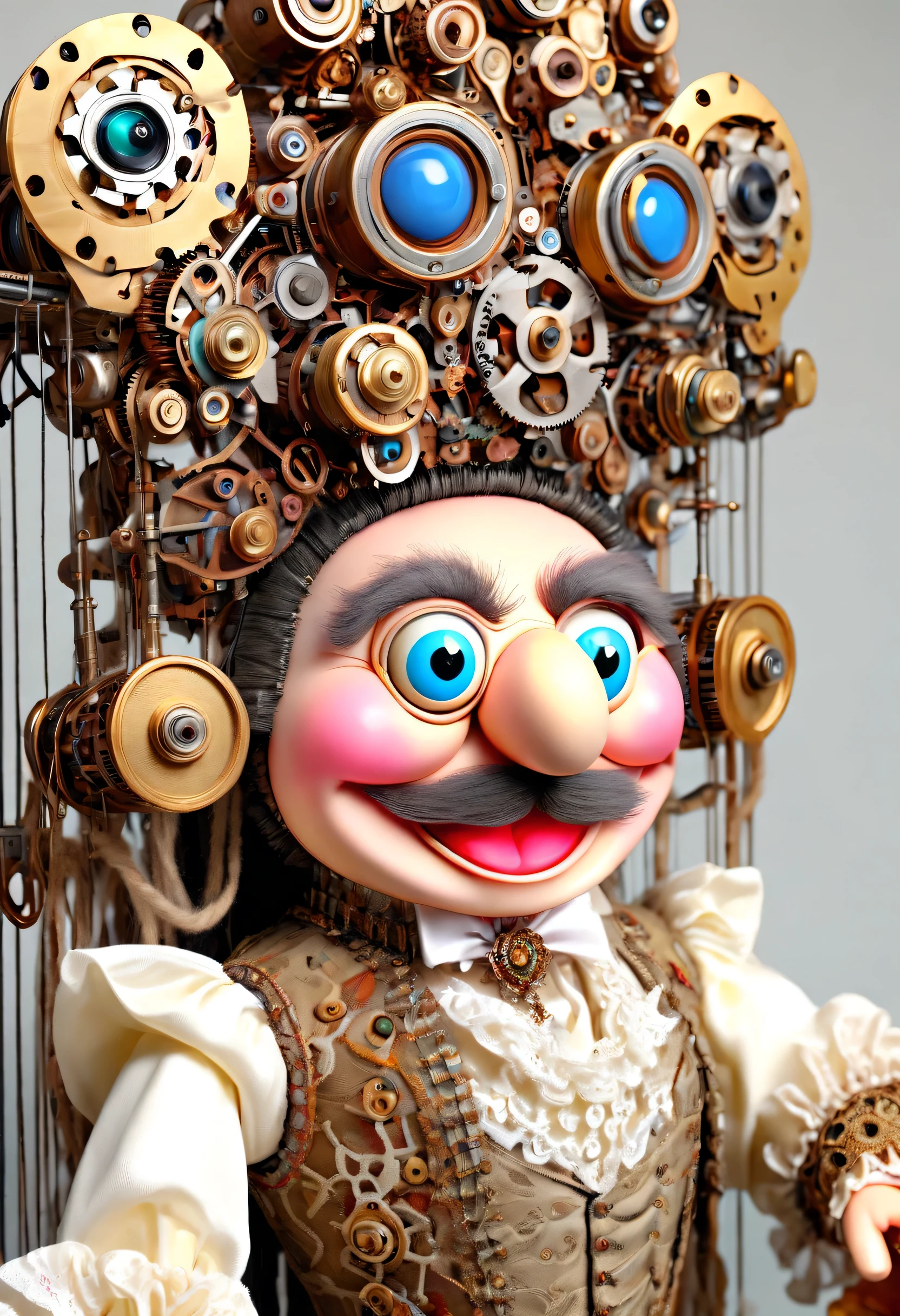 Mechanical人偶,puppet,super high quality,8k,beautiful details,gear,Mechanical,Exquisite electrical spare parts,yarn art,Muppets,Rococo costumes,lace,cartoon,