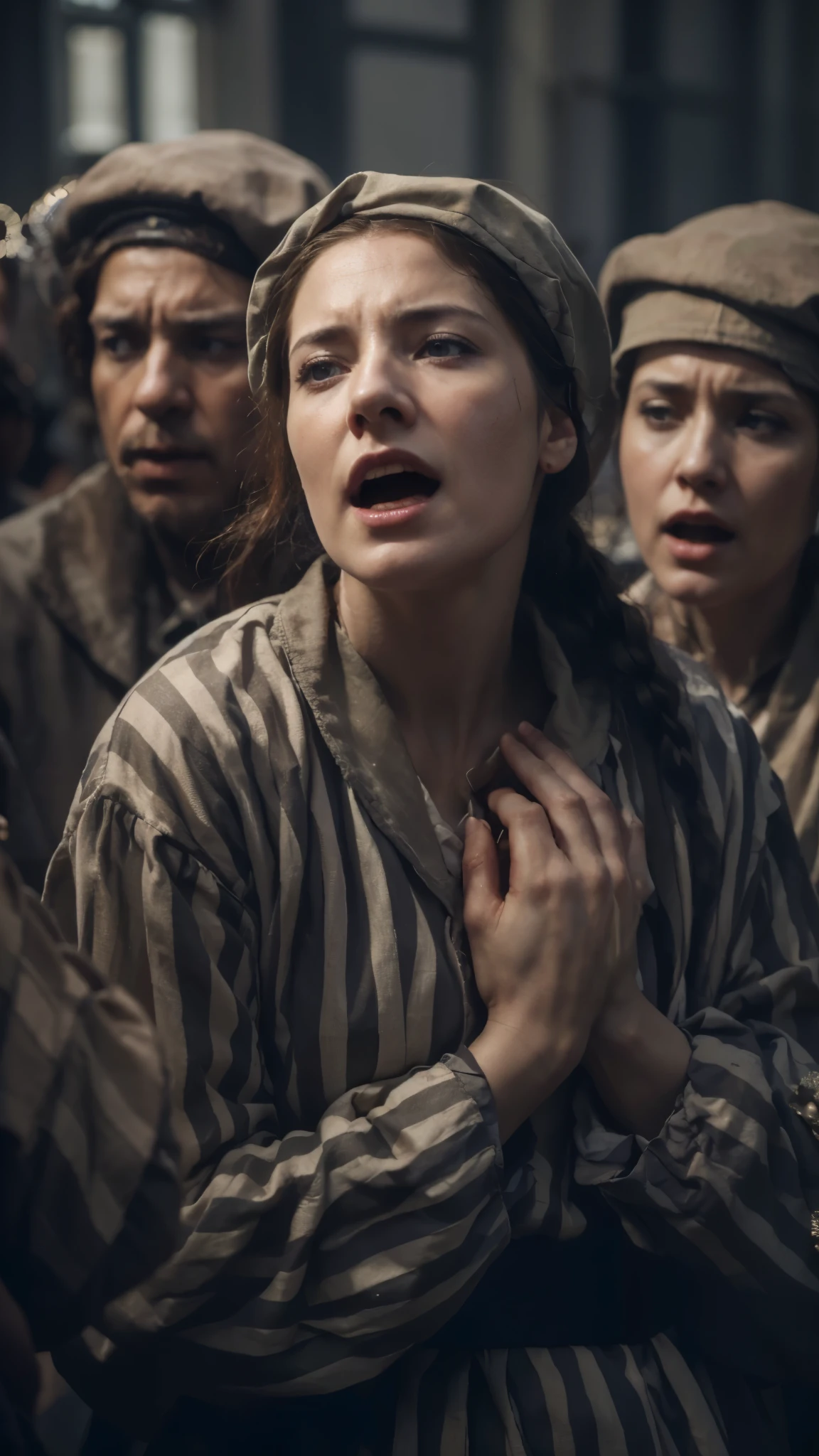 a group of people standing next to each other, inspired by Hugo van der Goes, photoreal”, agony, beautiful jewish woman, amazing detail digital art, prisoner, by David Annand, national geographic magazine, anguish, stalingrad, official character art, jen atkin, 2019, oil painting of realistic woman, trending on cgtalk, prison