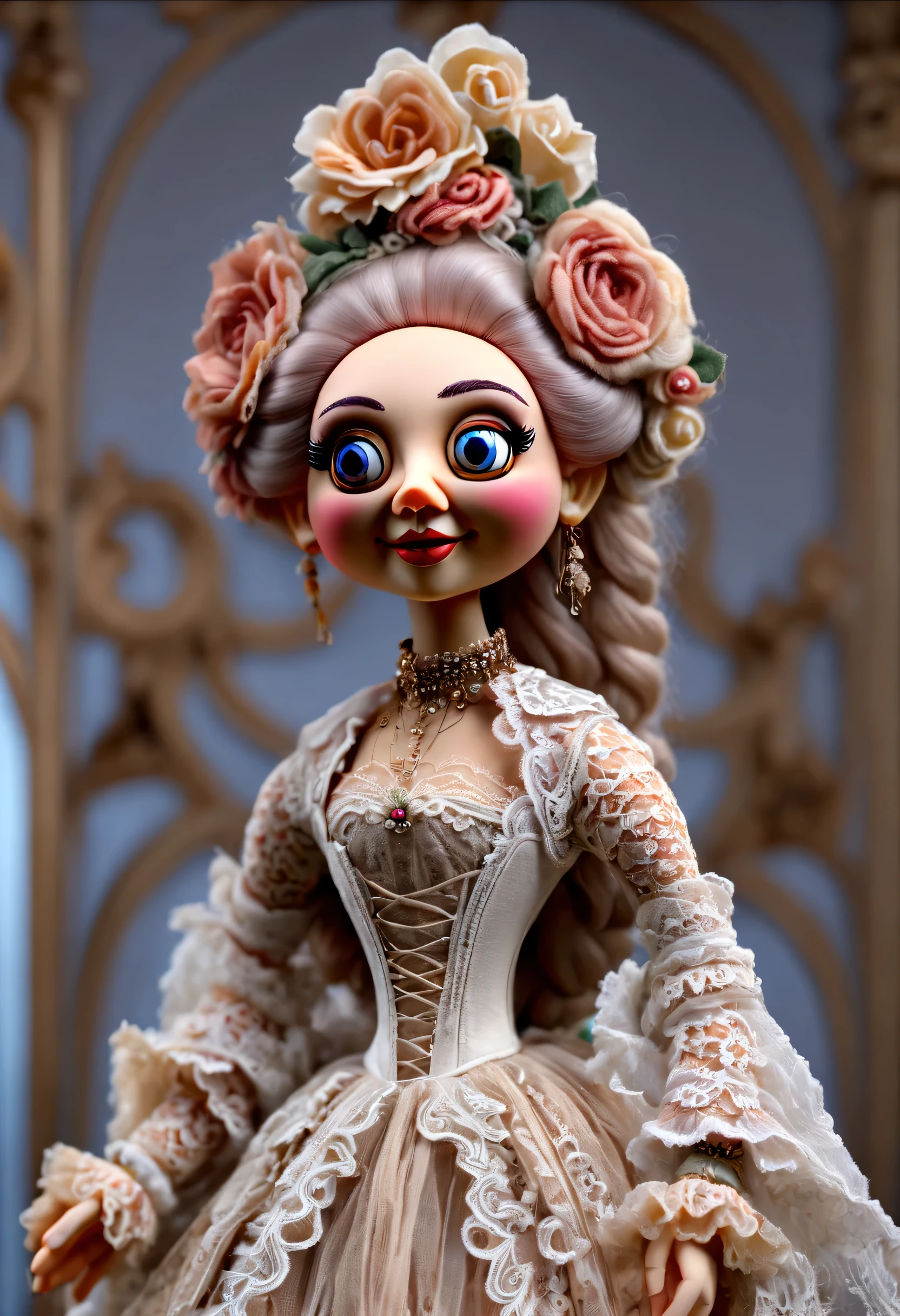 Mechanical dolls,puppet,Half body,super high quality,8k,beautiful details,yarn art,Muppets,Rococo costumes,lace,cartoon,