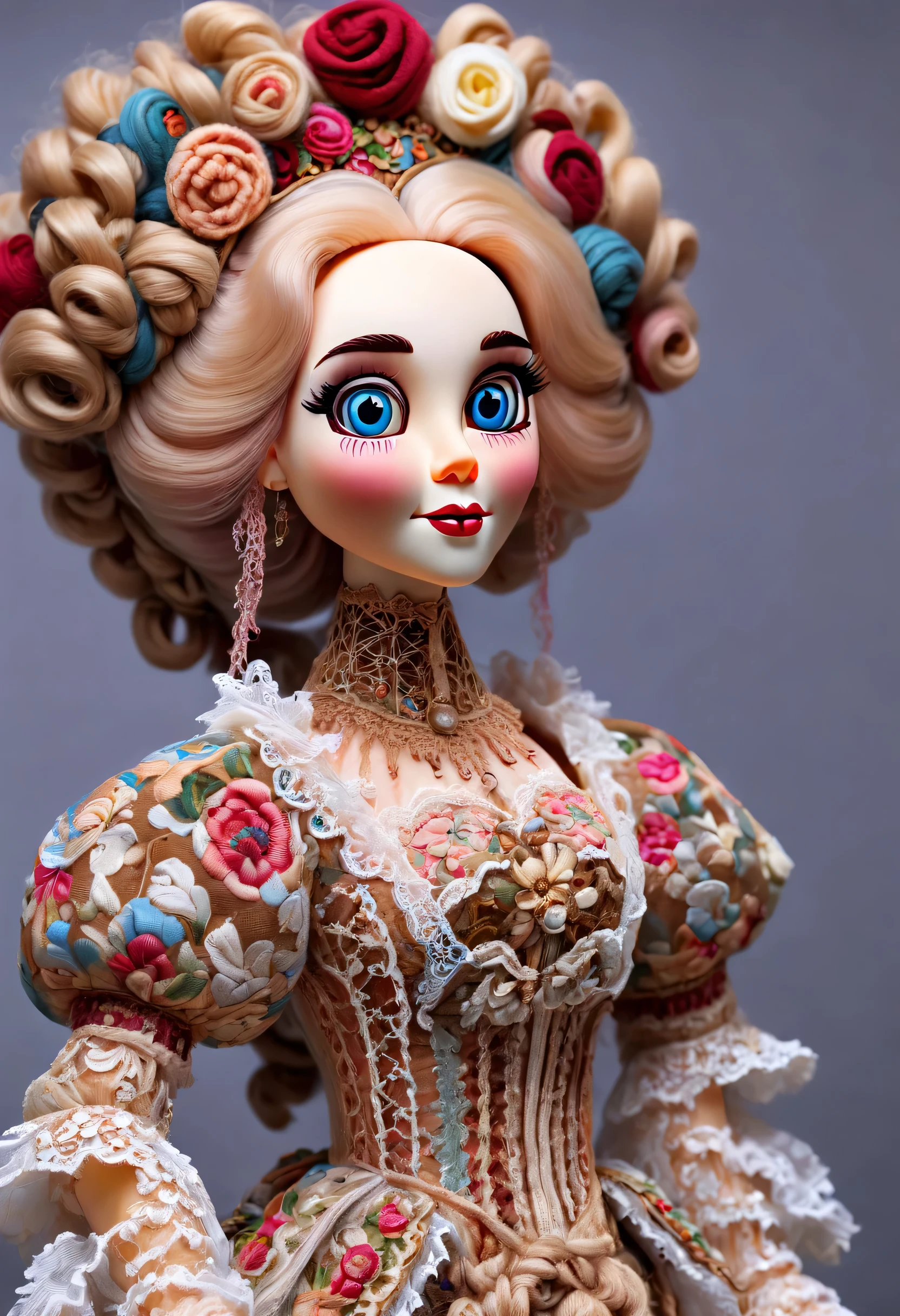 Mechanical dolls，puppet，Half body，super high quality，8k，beautiful details，yarn art，Muppets，Rococo costumes，lace，cartoon，