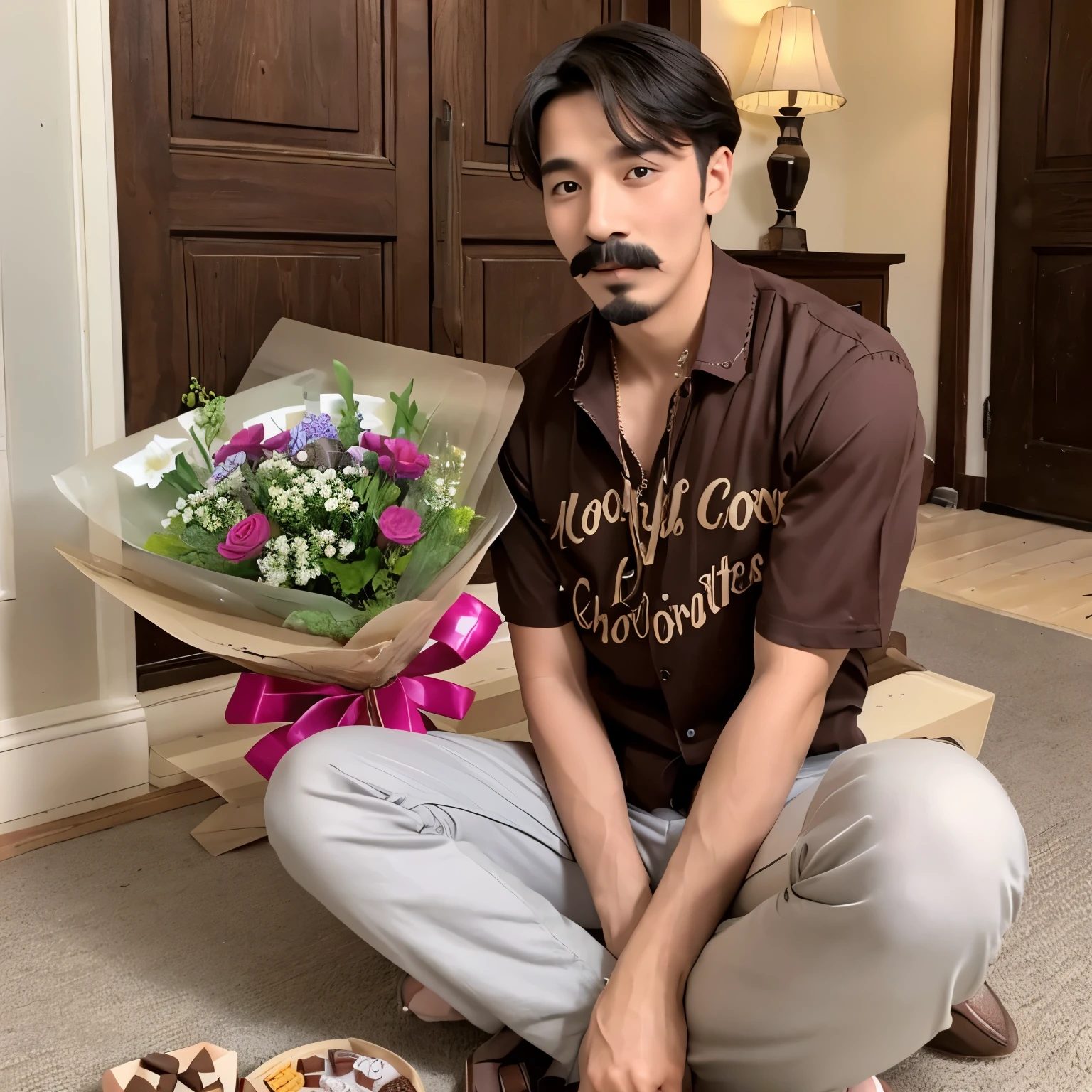 A guy with moustache is on knees and with a bouquet of chocolates saying sorry to her girl