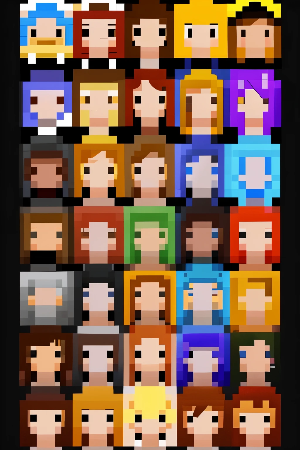 10 faces in pixel art style, resolution 64  pixels, looking at the camera, different genders, high quality