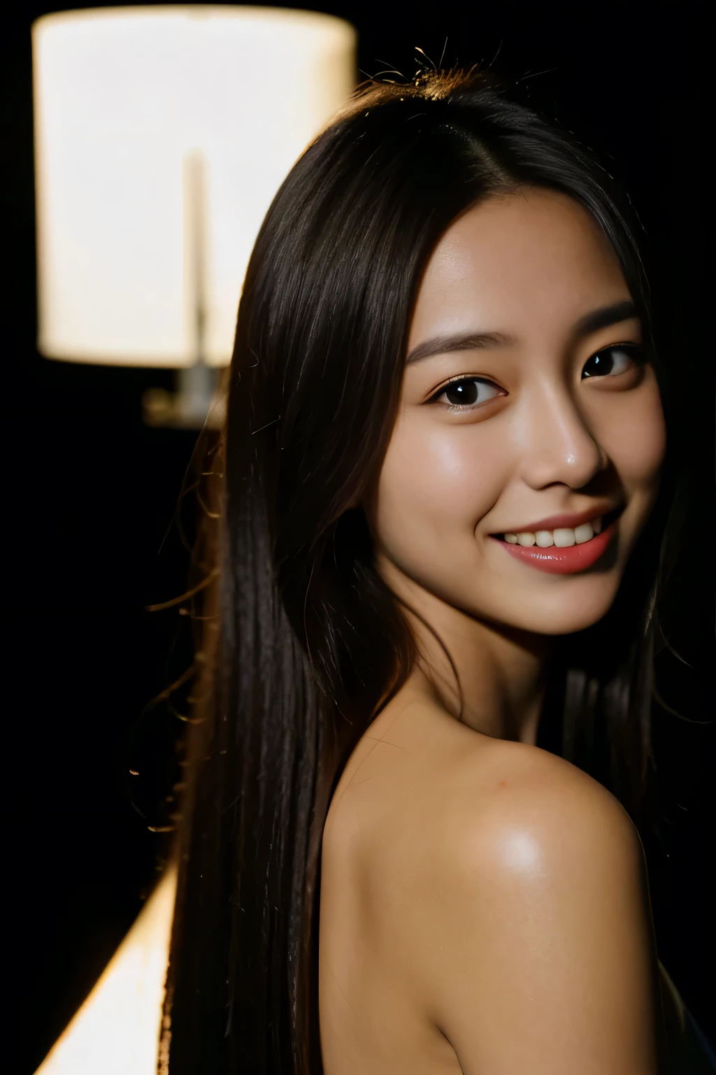 A Japanese woman wearing a stylish dress、 anatomically correct proportions, RAW shot, best high quality, masterpiece, real photo, (Film camera image quality:1.8)、18 year old Japanese beauty, (The best lighting using backlighting:1.8)、(Lighting using a reflector that hits the face:1.5)、beautiful shiny hair、Fine and beautiful skin、detailed eyes、balanced nose、attractive lips、Shooting Bust Up、(close up of face:1.5)、blurred background、Black hair shining in the backlight、Shooting from various angles、the most beautiful smile、Soft quality photos