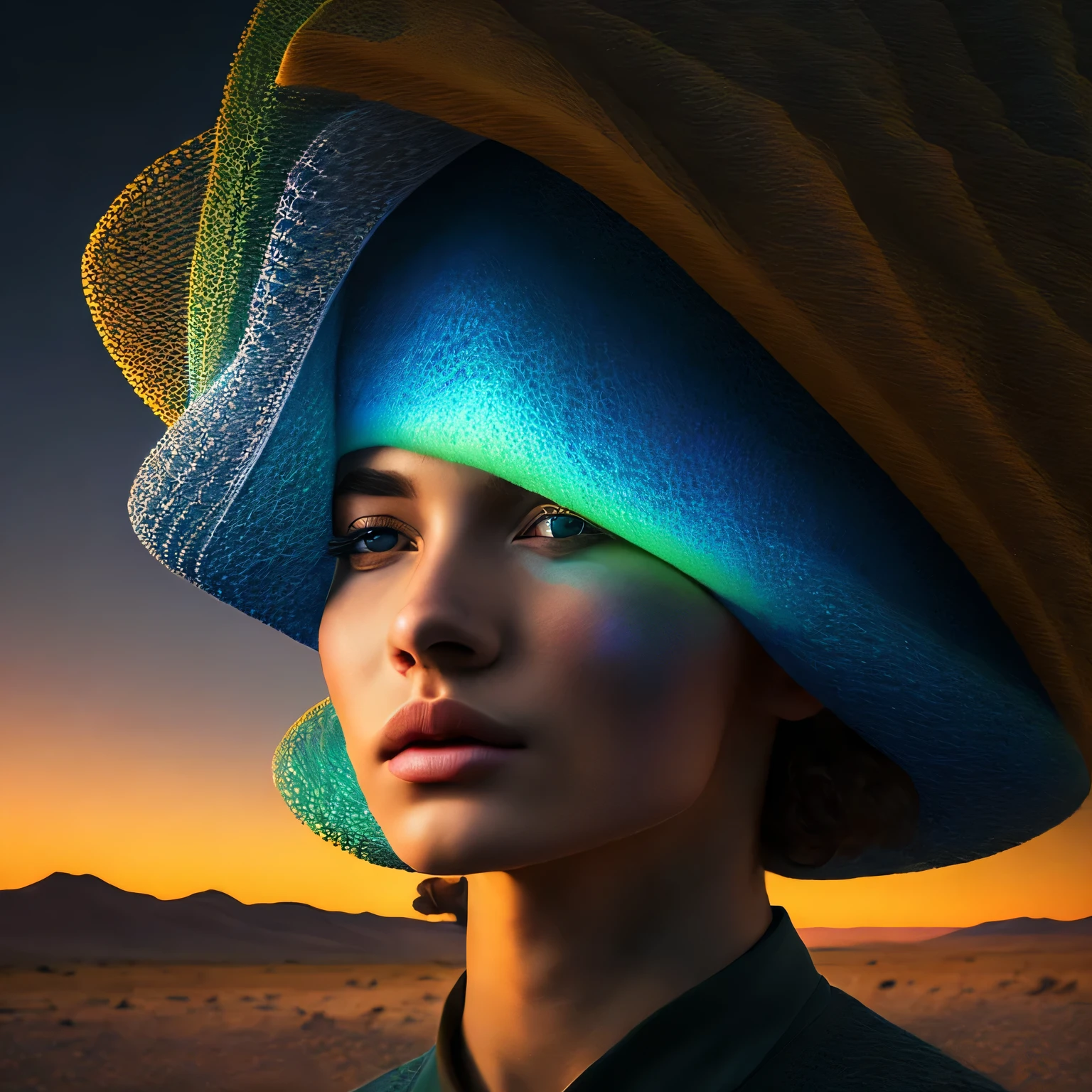 (retrato em close, Hawking radiation parable, estrangeiro_Elena_misturado_Al-Grualix, athletic, cor preta, assustador e assustador, fantasia de olhos pretos, irrealista, ghostly landscape fantasy, linhas irrealistas e limites, trabalho de beleza e complexidade ) texturas detalhadas, alta qualidade, high resolution, High Accuracy, Realismo, Color correction, suitable lighting settings, harmonious composition,
