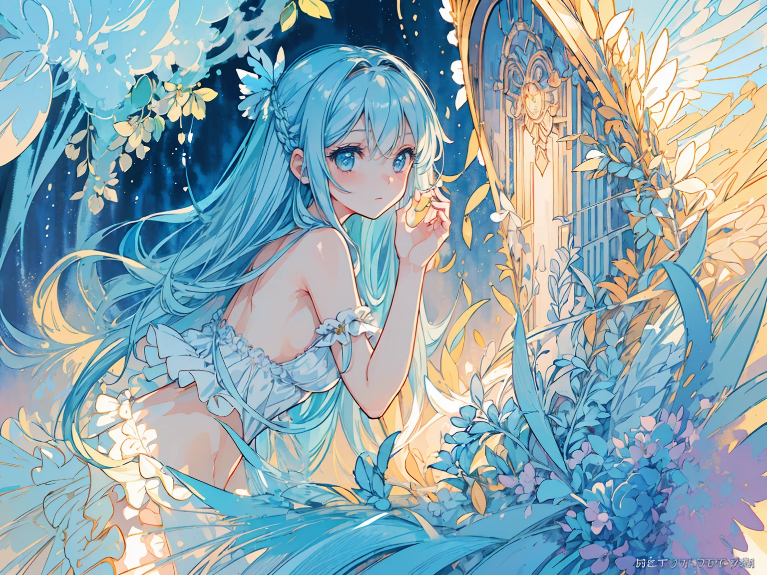 masterpiece, best quality, extremely detailed, (illustration, official art:1.1), 1 girl ,(((( light blue long hair)))), light blue hair, ,10 years old, long hair ((blush)) , cute face, big eyes, masterpiece, best quality,(((((a very delicate and beautiful girl))))),Amazing,beautiful detailed eyes,blunt bangs((((little delicate girl)))),tareme(true beautiful:1.2), sense of depth,dynamic angle,affectionate smile, (true beautiful:1.2),,(tiny 1girl model:1.2),(flat chest)), Soft Focus ,((ultra-detailliert:1.2))、(The best lighting、Best Shadows、extremely delicate and beautiful)、(the Extremely Detailed CG Unity 8K Wallpapers、masterpiece、best qualtiy、ultra-detailliert)、(The best lighting、Best Shadows、extremely delicate and beautiful)、(the perfect body:1.5)、Best Quality, (Illustration:1.2), (Ultra-detailed), hyperdetails, (delicate detailed), (Intricate details), (Cinematic Light, best quality backlight), Perfect body, ( extremely delicate and beautiful), Cinematic Light、(masterpiece), sexy, posterior, floral lace undies, natural light, ,sky background,beautiful clouds,The light from the back window is backlit.,element,Watercolor pattern in calm colors),(watercolor texture), ((1 girl),,adorable,Angelic),light smile,lolita ??????????,best image quality