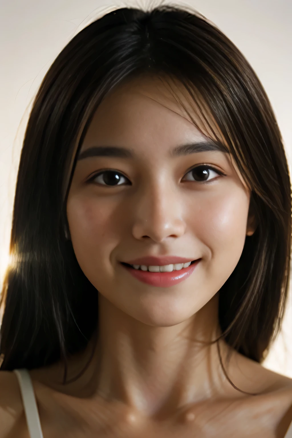 A Japanese woman wearing a stylish dress、 anatomically correct proportions, RAW shot, best high quality, masterpiece, real photo, (Film camera image quality:1.8)、18 year old Japanese beauty, (The best lighting using backlighting:1.8)、(Lighting using a reflector that hits the face:1.5)、beautiful shiny hair、Fine and beautiful skin、detailed eyes、balanced nose、attractive lips、Shooting Bust Up、(close up of face:1.5)、blurred background、Black hair shining in the backlight、Shooting from various angles、the most beautiful smile、Soft quality photos