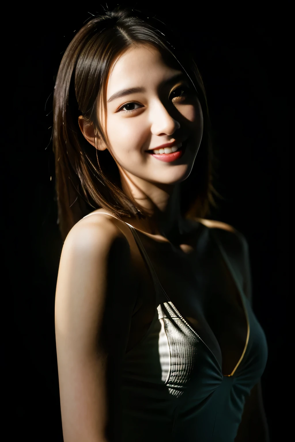 A Japanese woman wearing a stylish dress、 anatomically correct proportions, RAW shot, best high quality, masterpiece, real photo, (Film camera image quality:1.8)、18 year old Japanese beauty, (The best lighting using backlighting:1.8)、(Lighting using a reflector that hits the face:1.5)、beautiful shiny hair、Fine and beautiful skin、detailed eyes、balanced nose、attractive lips、Shooting Bust Up、(close up of face:1.5)、blurred background、Black hair shining in the backlight、Shooting from various angles、the most beautiful smile、Soft quality photos