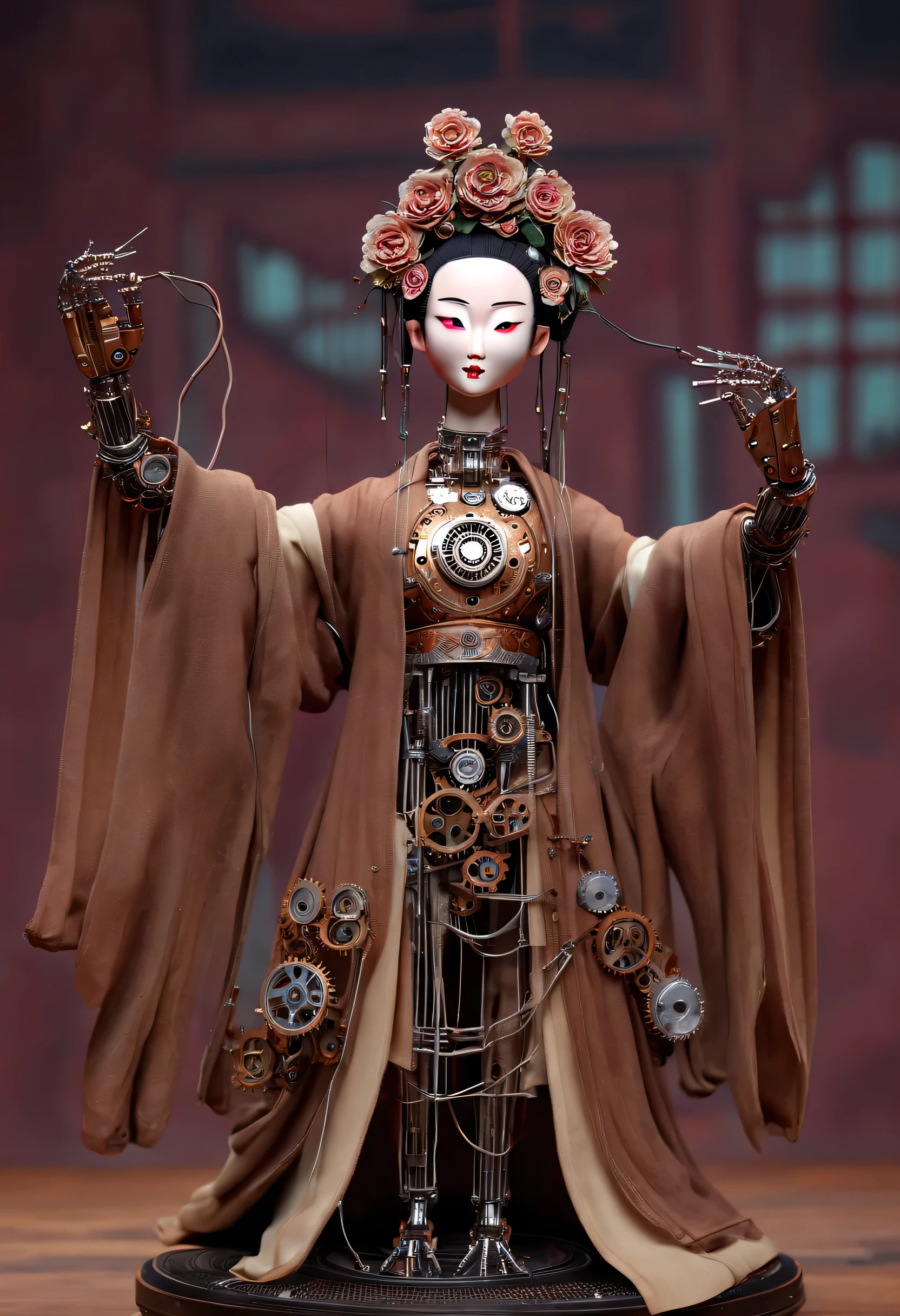 Mechanical doll design,(whole body),(Mechanically made Chinese Hanfu puppets sing Peking Opera:0.98),Puppet shaped character,Controlled by a rope above or a thin wire tied to the controller.,Make the body from gears and wires,head、Stomach、Quads and Lifts,Make puppets vivid and interesting。cyberpunk style,Future steampunk,beautiful clothes