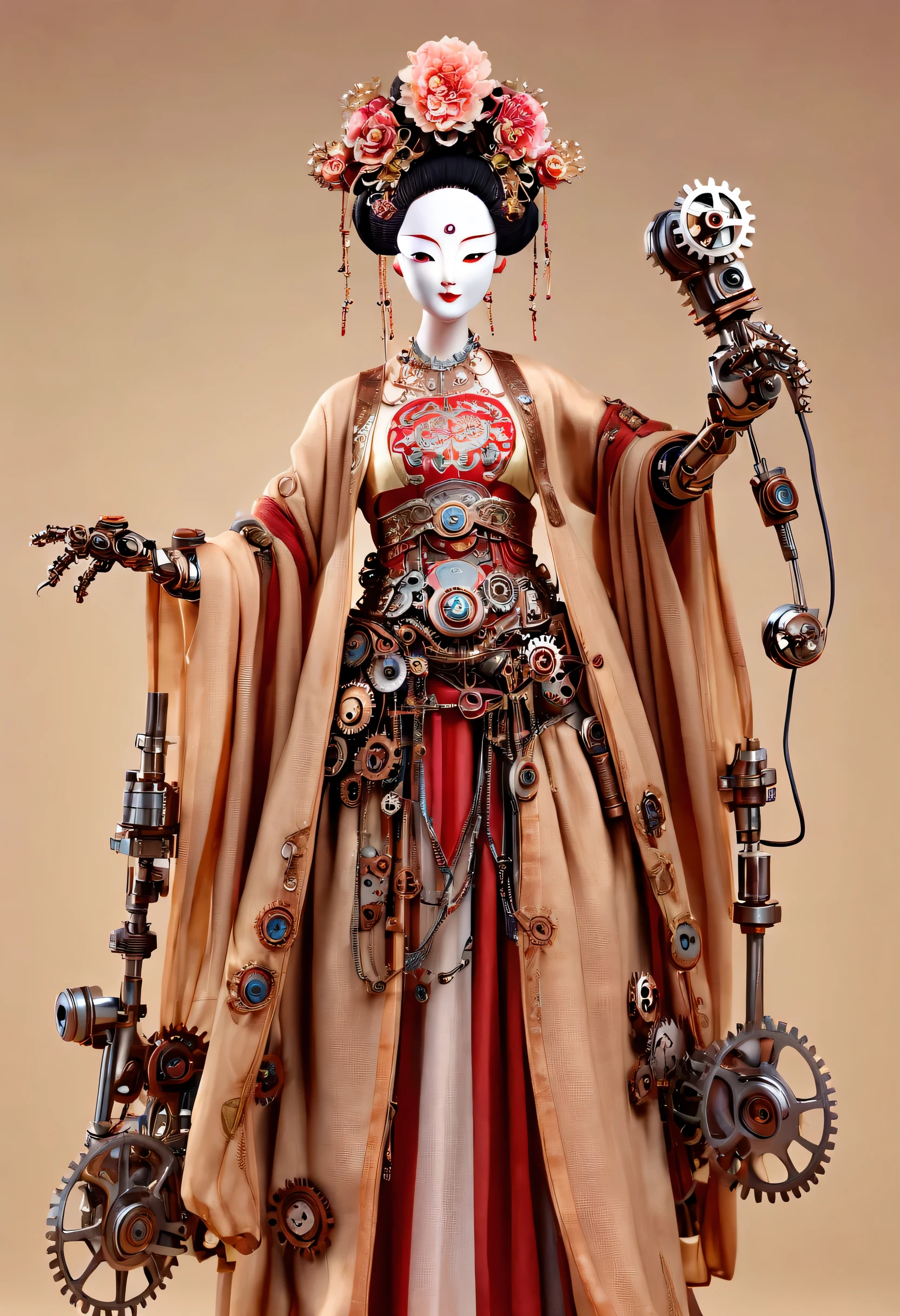 Mechanical doll design，（whole body），（Mechanically made Chinese Hanfu puppets sing Peking Opera：0.98），Puppet shaped character，Controlled by a rope above or a thin wire tied to the controller.，Make the body from gears and wires，head、Stomach、Quads and Lifts，Make puppets vivid and interesting。cyberpunk style，Future steampunk，beautiful clothes