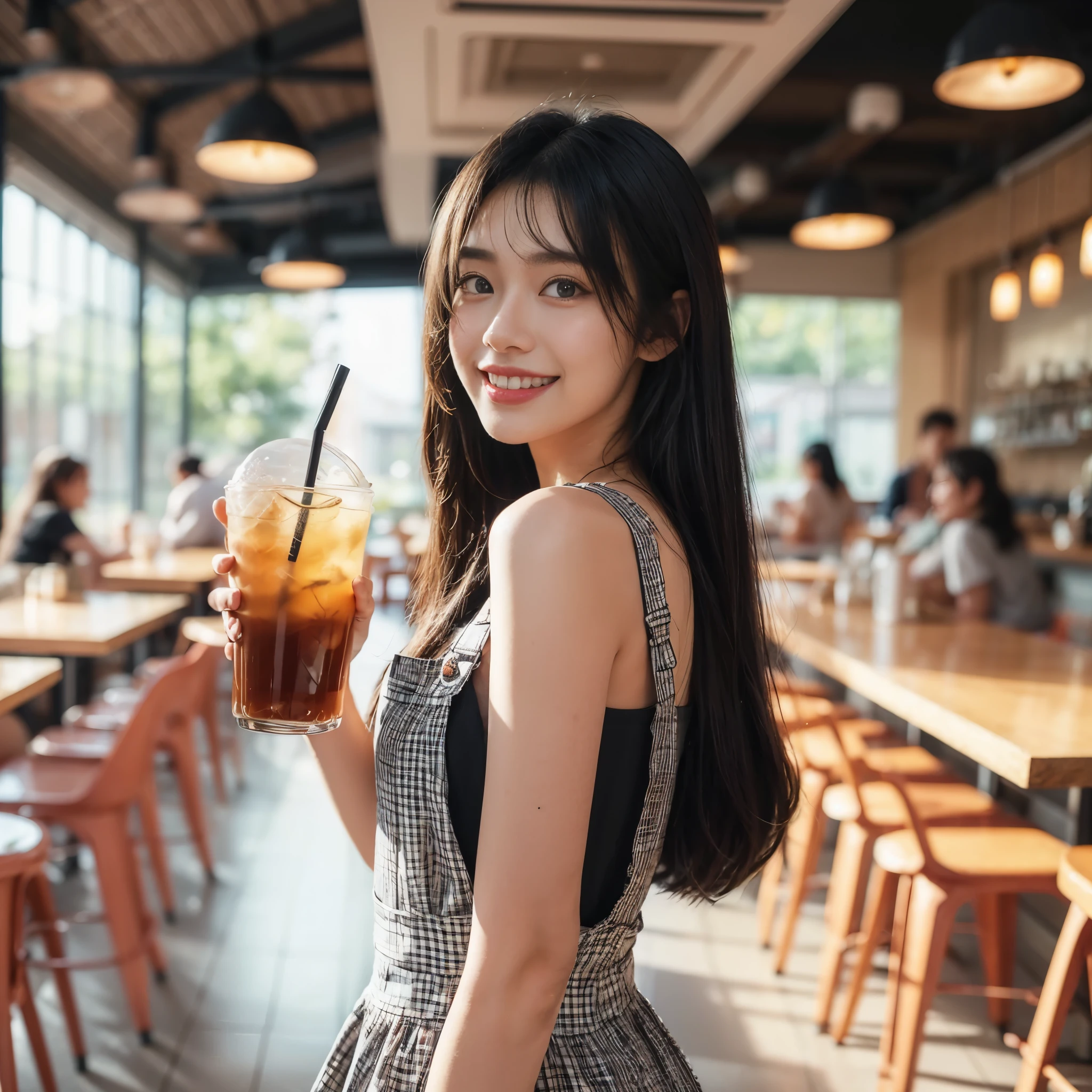 Film photography of a 20 year old woman with an Indonesian face, long black shoulder length hair wearing a checkered pinafore dress (back view), standing with a smiling face looking at the camera while holding out a transparent plastic cup containing iced tea and a black straw with her right hand, the background shows interior of a cafe or restaurant and tables and chairs, (warm hue, warm tone) bokeh, professional color gradient, shot by Sony a6700, sigma 23mm (35mm FFeqf), mist filter 1/4