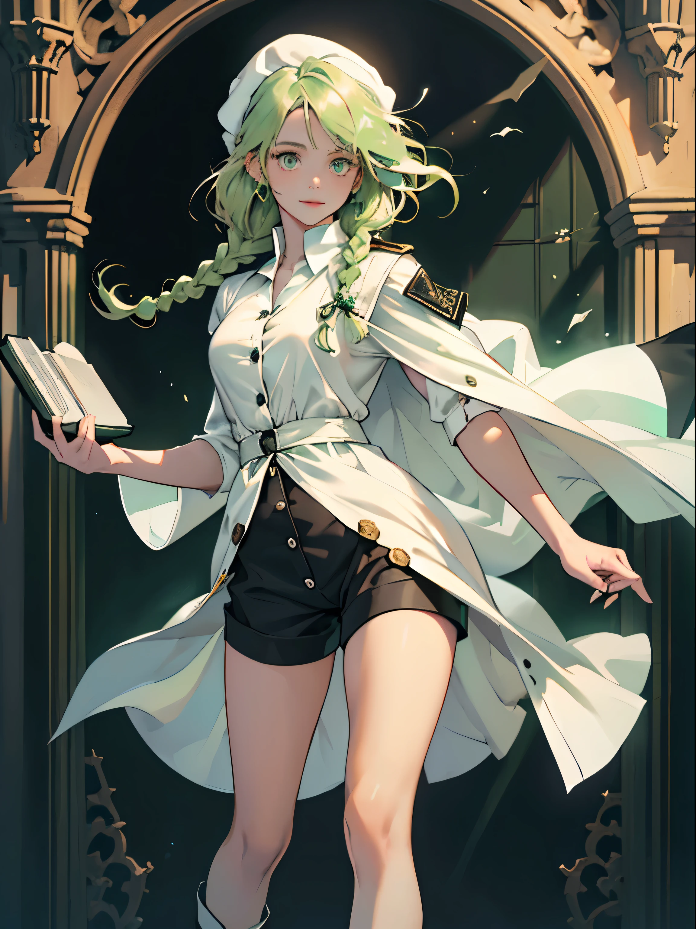 masterpiece, super detailed, 8K portrait, RAW photo, portrait photography, highly detailed face, beautiful and detailed eyes, ((fantasy)), young and beautiful, smile, 22 years ago, (((droopy eyes))), dynamic pose, (((light green hair with medium wavy))), ((Braided twintails)), parted bangs, white skin color, luxury, (((Black Mortarboard Cap))), (((Long cloak of white silk))) fluttering in the wind, (((Many Button Shirt Dresses))), (((black shorts))), High Cut Leather Bootagic book in hand)), midday sun, surreal, body model, small breasts, beautiful breasts, long legs, inside the castle, environmental lighting, shadow details , Focus the camera on the thigh, strong wind, light fog