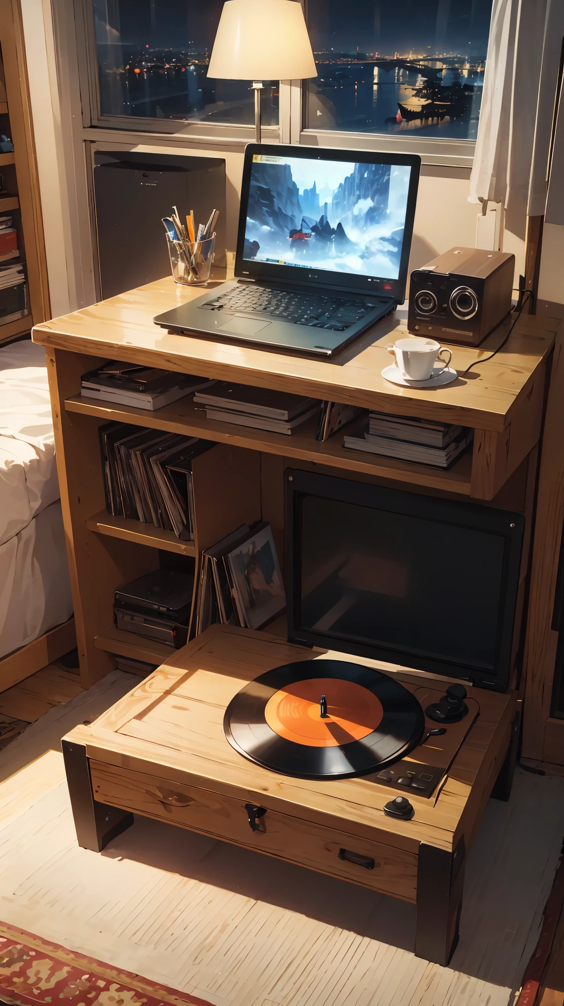 a desk with a laptop and a record player, sky, indoors, cup, book, no humans, window, night, instrument, scenery, guitar, lamp, computer, monitor, electric guitar, poster (object), keyboard (computer), speaker, mouse (computer), keyboard (instrument), amplifier