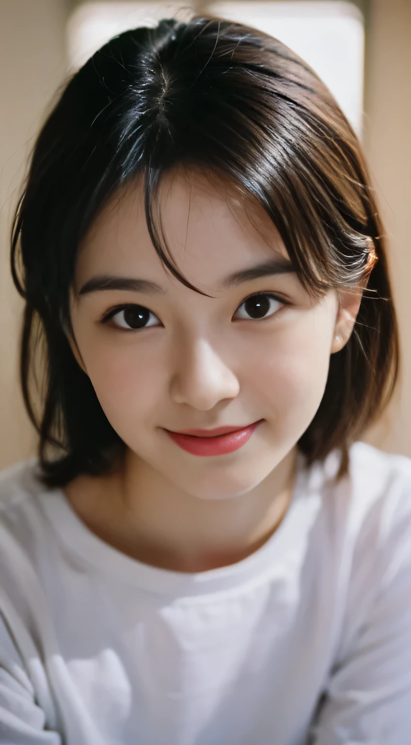 A Japanese woman wearing a stylish dress、 anatomically correct proportions, RAW shot, best high quality, masterpiece, real photo, (Film camera image quality:1.8)、18 year old Japanese beauty, (The best lighting using backlighting:1.8)、(Soft lighting using a reflector shines on your face.:1.8)、beautiful shiny hair、Fine and beautiful skin、detailed eyes、balanced nose、attractive lips、Shooting Bust Up、(close up of face:1.5)、blurred background、hair shining in the backlight、Shooting from various angles、the most beautiful smile、Soft quality photos、(A pure beauty surrounded by light:1.2)
