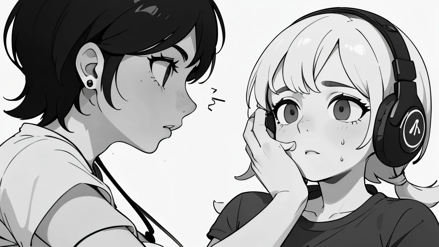 ((best quality)), ((masterpiece)), (detailed), perfect face, A girl, side portrait, black and white, Messy Short Hair, Spicy accessories, Sporty style, Casual T-shirt, Confident gaze, Monochrome color scheme, looking at the side, Chic street fashion, Sloppy hands in pockets posing, cap,((person)),Over-ear headphones, Large ear pads, Luxurious long hair