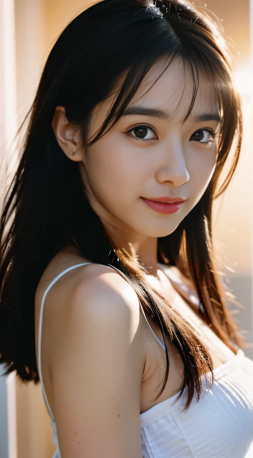 A Japanese woman wearing a stylish dress、 anatomically correct proportions, RAW shot, best high quality, masterpiece, real photo, (Film camera image quality:1.8)、18 year old Japanese beauty, (The best lighting using backlighting:1.8)、(Soft lighting using a reflector shines on your face.:1.8)、beautiful shiny hair、Fine and beautiful skin、detailed eyes、balanced nose、attractive lips、Shooting Bust Up、(close up of face:1.5)、blurred background、hair shining in the backlight、Shooting from various angles、the most beautiful smile、Soft quality photos、(A pure beauty surrounded by light:1.2)
