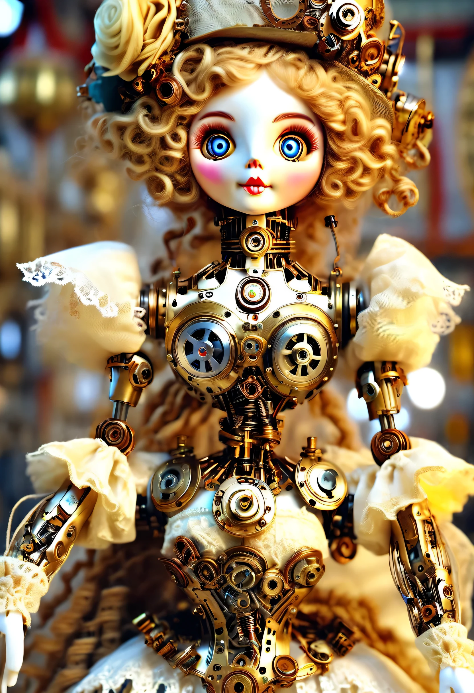 Mechanical dolls,puppet,super high quality,8k,beautiful details,gear,Mechanically sophisticated electrical parts body,yarn art,Muppets,Rococo costumes,lace,cartoon,