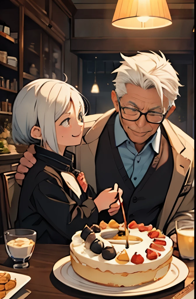 An elderly gentleman with white hair celebrating his 84th birthday. There’s a birthday cake, and a smiling two-dimensional girl. It’s a family party, and the granddaughter is there too. The elderly gentleman is surrounded by warmth and charm. The scene takes place in a spacious dining area, with vibrant colors and a hint of spring in the air. In the background, fireworks light up the sky.