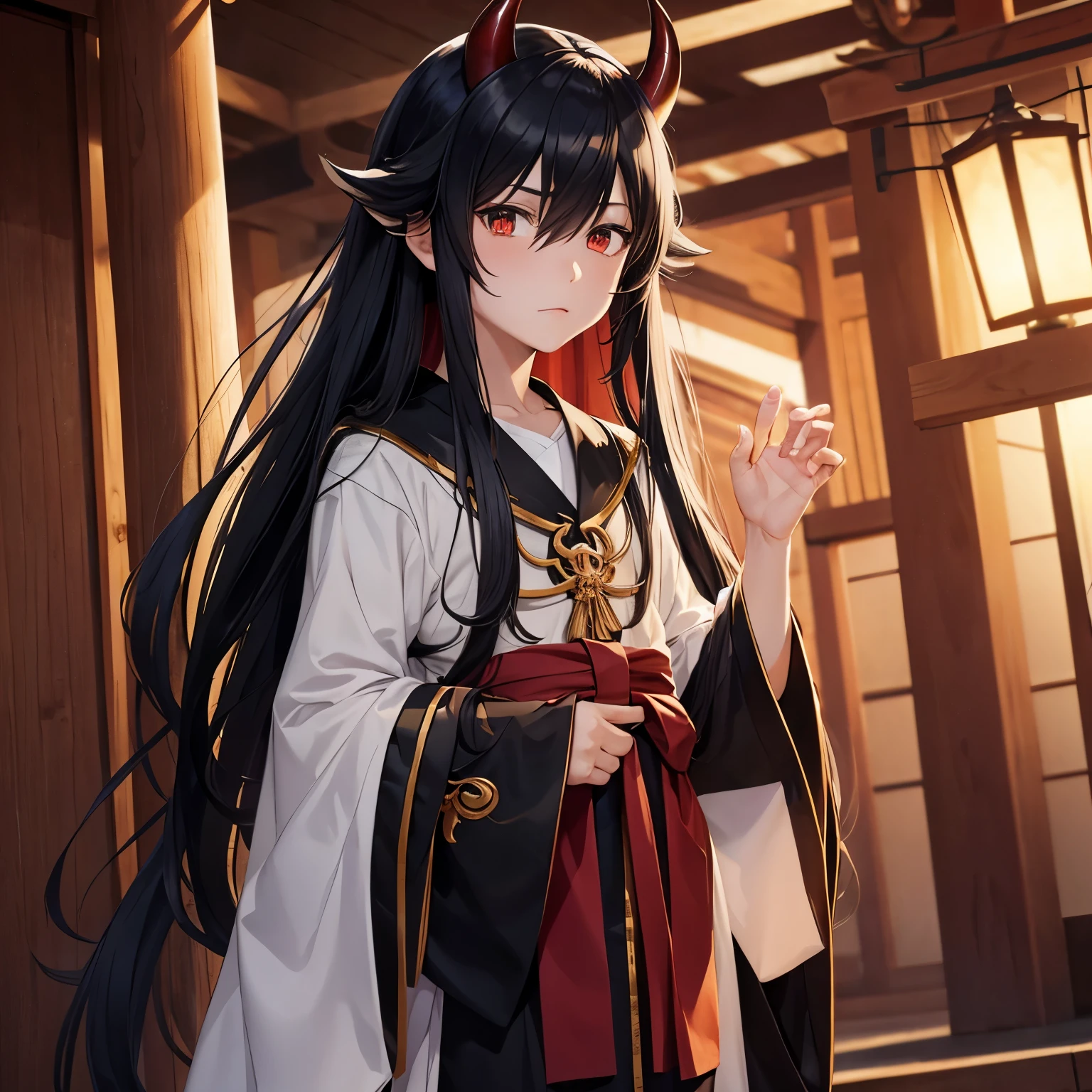 Anime boy, with long black hair, in a shrine outfit, with demon horns 