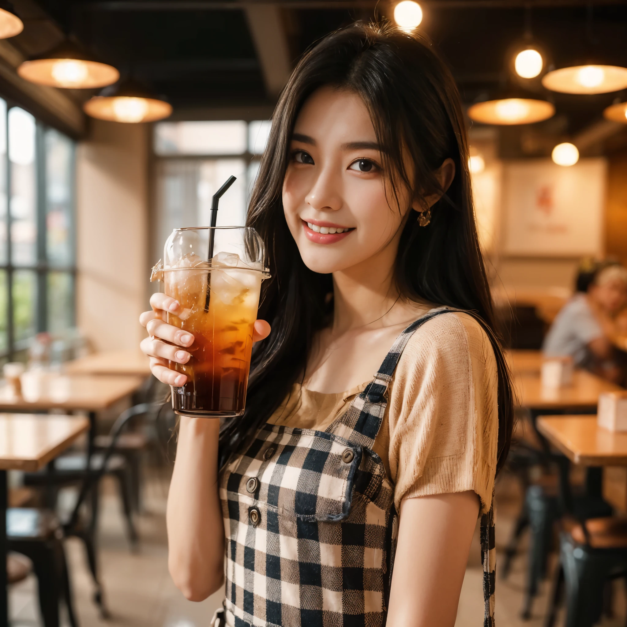 Film photography of a 20 year old woman with an Indonesian face, long black shoulder length hair wearing a checkered pinafore dress (back view), standing with a smiling face looking at the camera while holding out a transparent plastic cup containing iced tea and a black straw with her right hand, the background shows interior of a cafe or restaurant and tables and chairs, (warm hue, warm tone) bokeh, professional color gradient, shot by Sony a6700, sigma 23mm (35mm FFeqf), mist filter 1/4