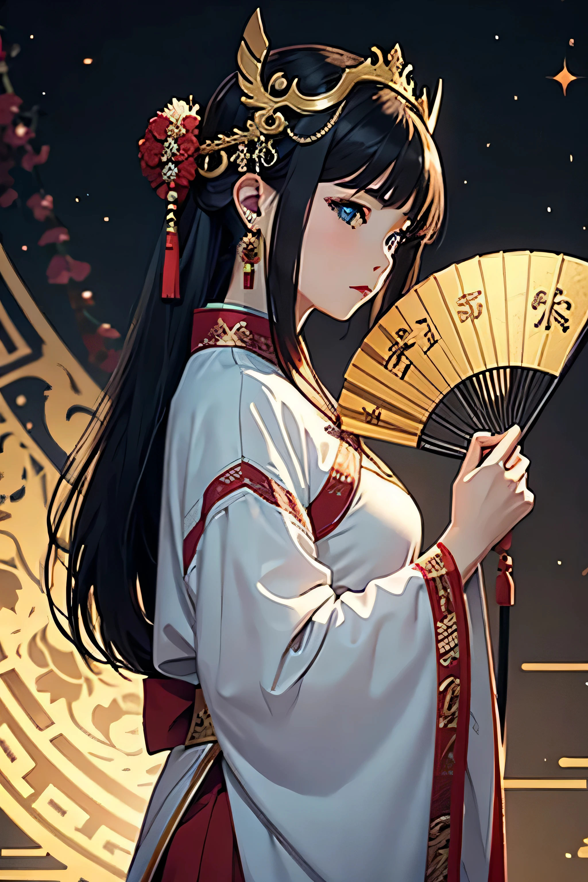 Ancient Chinese queen, Wearing a crown, Holding a folding fan, Side vision